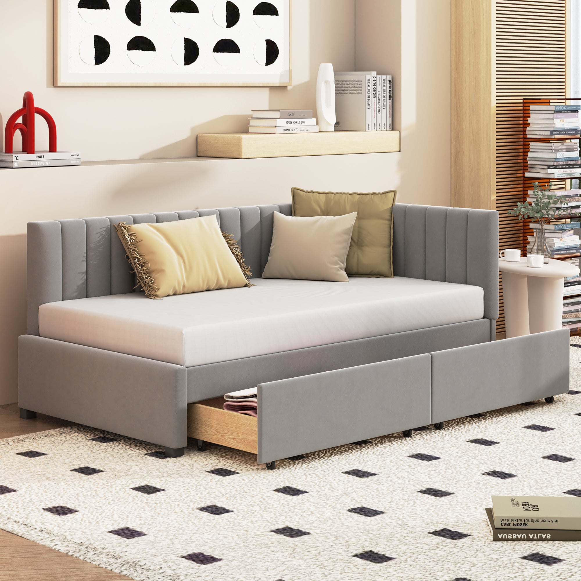 Upholstered Bed Sofa, 90*200 Multifunctional with 2 Storage Drawers, Gray Velvet