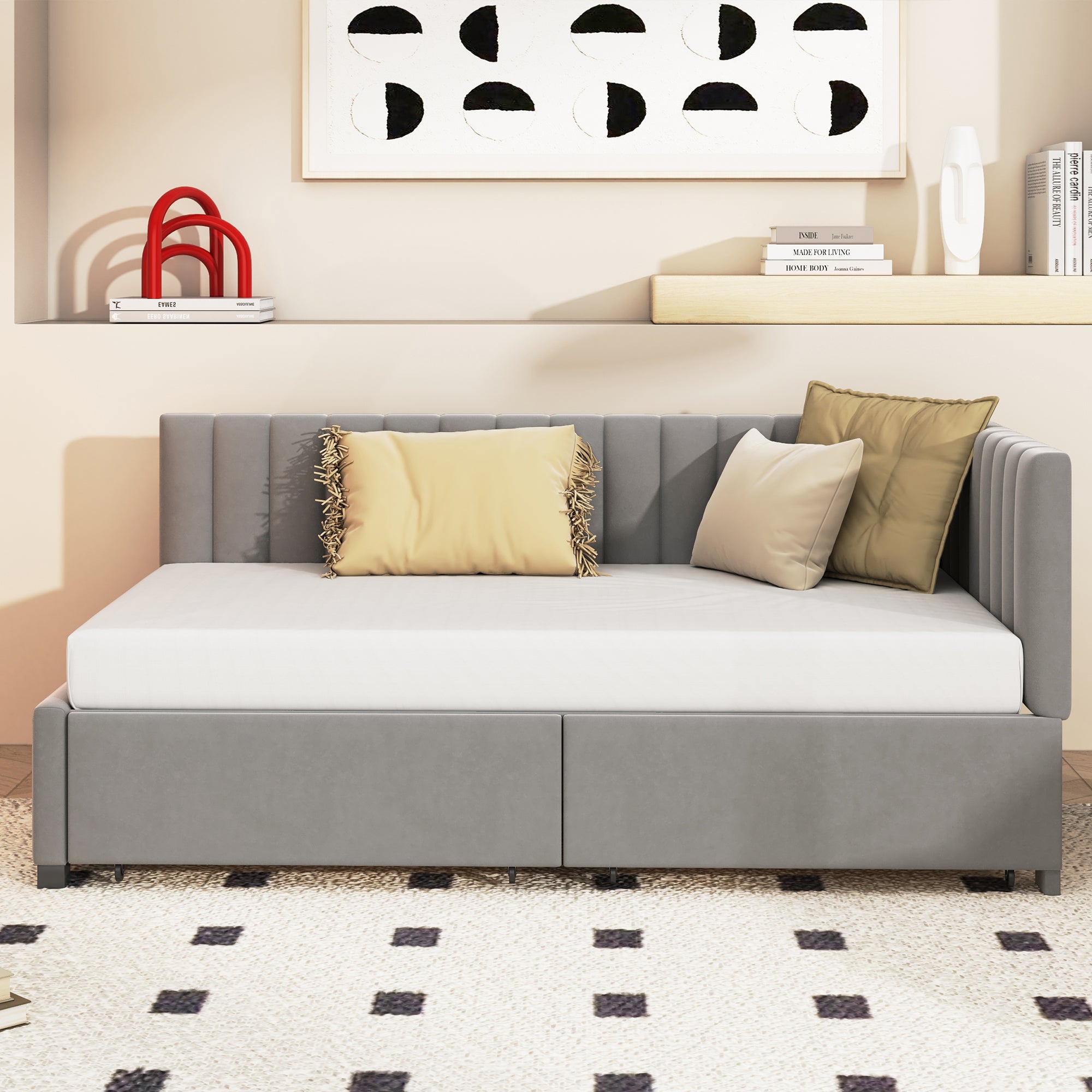 Upholstered Bed Sofa, 90*200 Multifunctional with 2 Storage Drawers, Gray Velvet