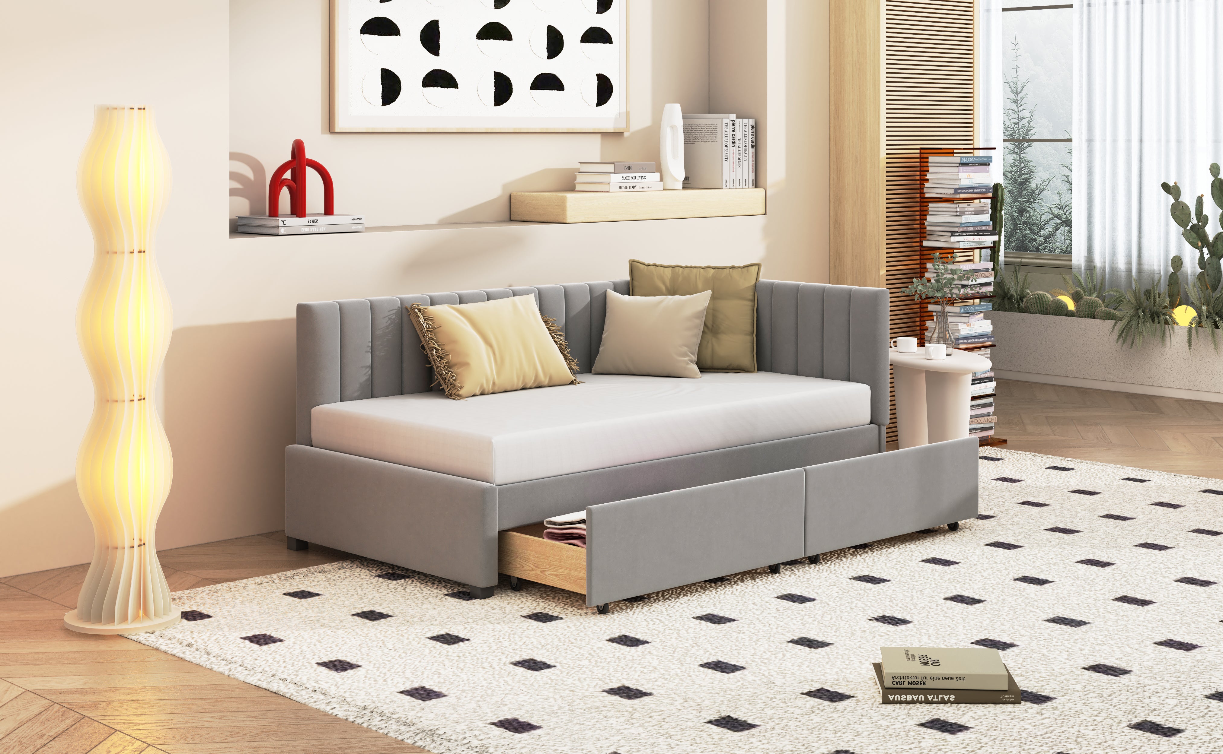 Upholstered Bed Sofa, 90*200 Multifunctional with 2 Storage Drawers, Gray Velvet