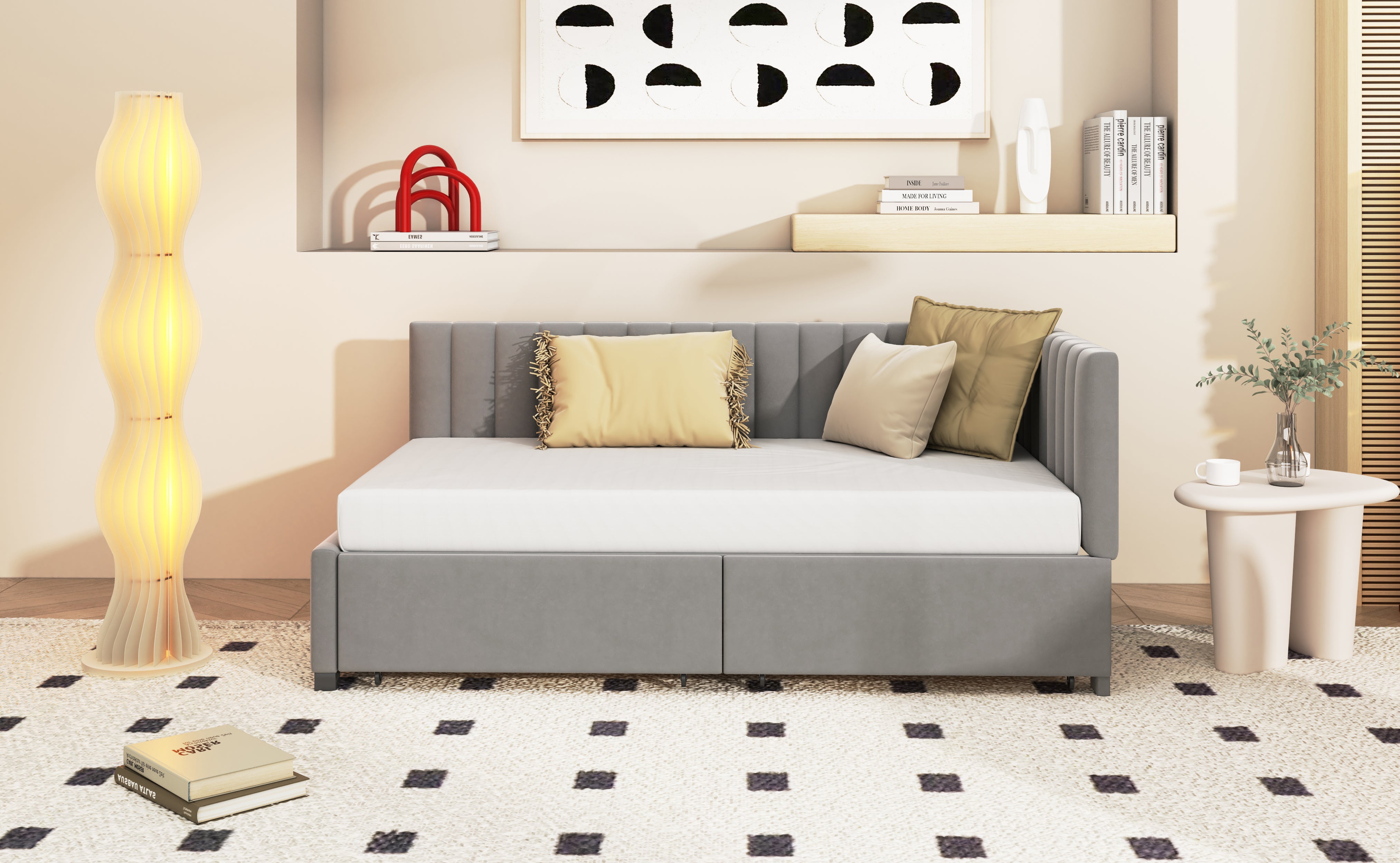 Upholstered Bed Sofa, 90*200 Multifunctional with 2 Storage Drawers, Gray Velvet