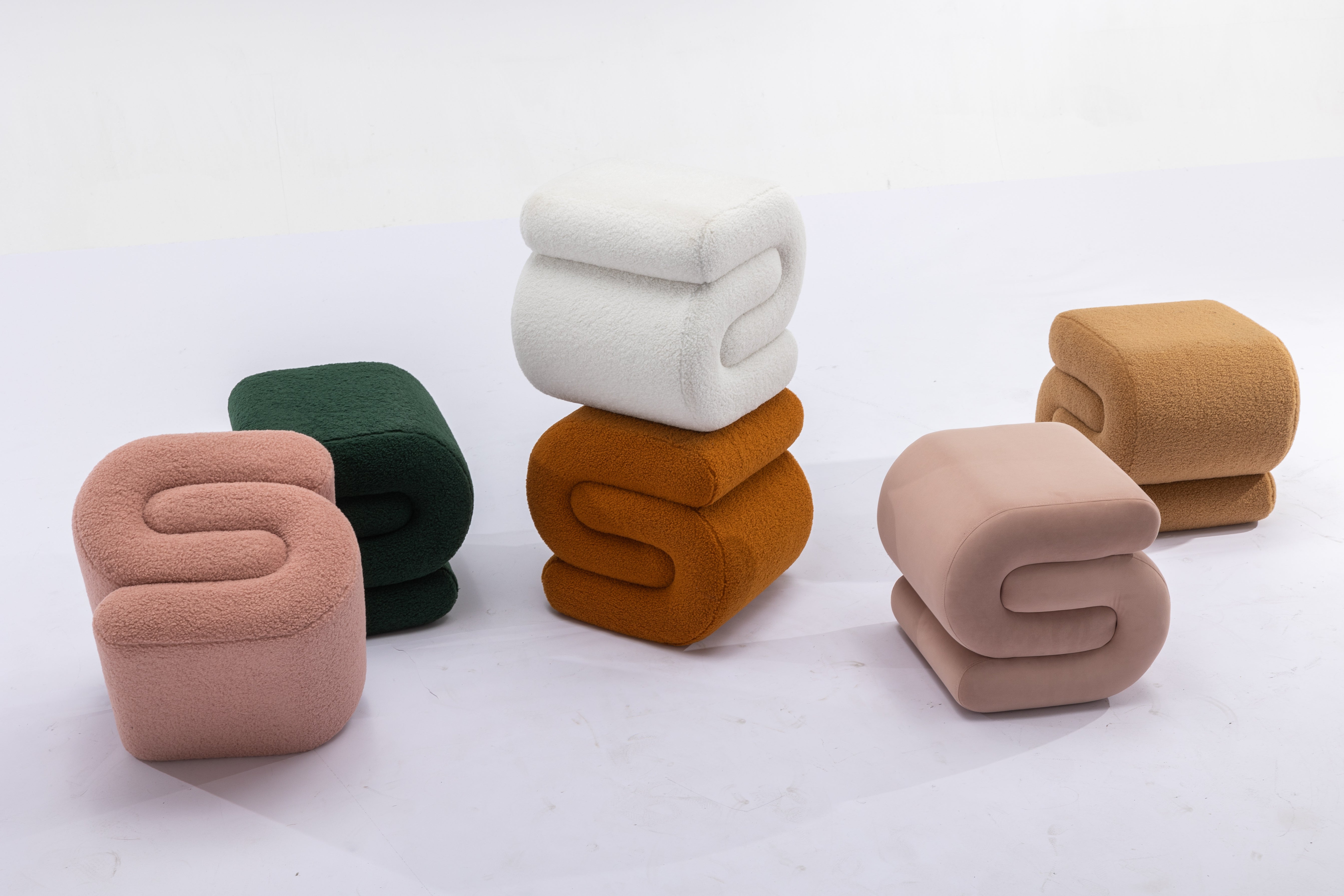 Velvet Ottoman Fabric S-shape Stool Wavy Pouf Pink