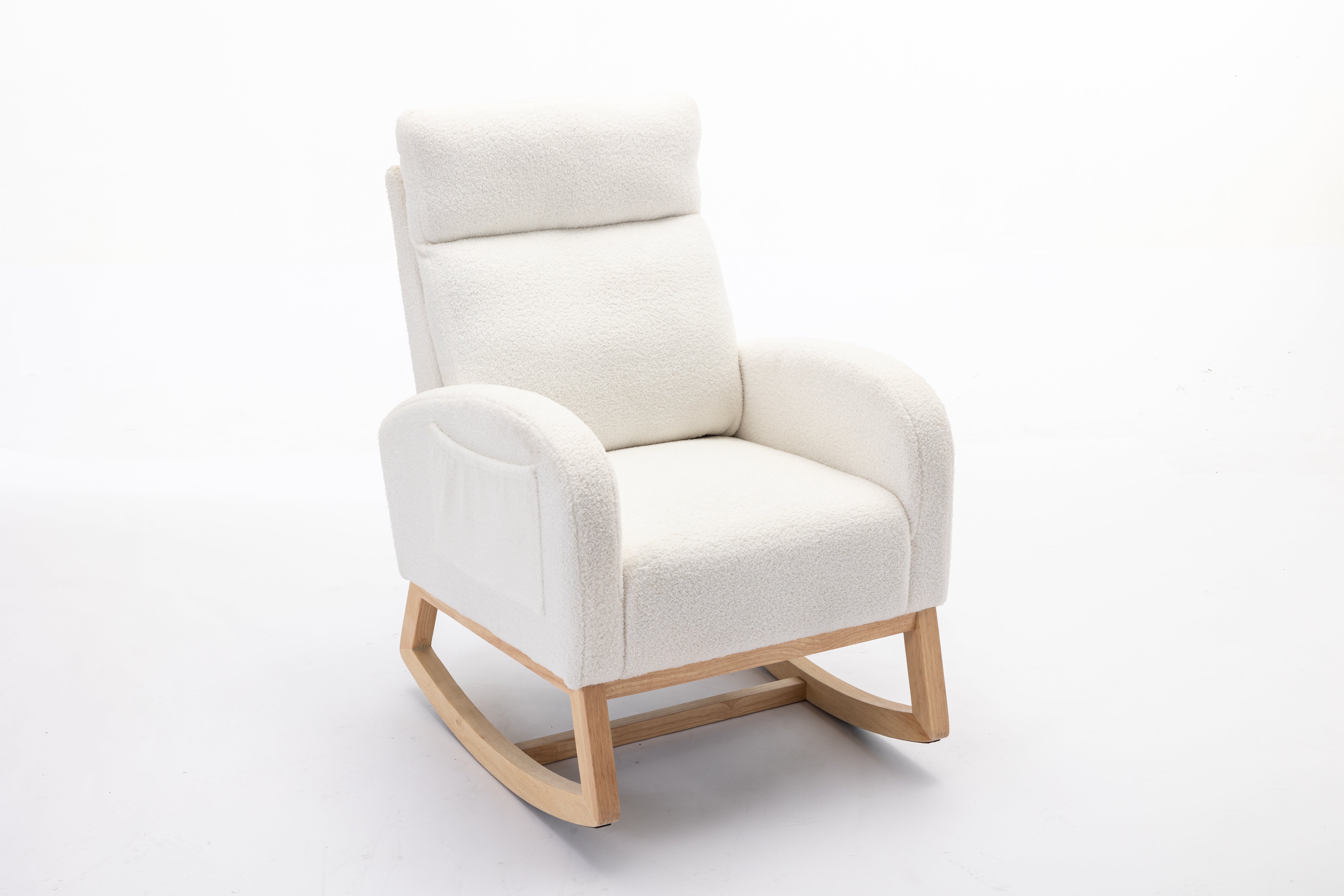 Mid Century Modern Teddy Fabric Upholstered Rocking Chair Padded Seat For Living Room Bedroom, Beige