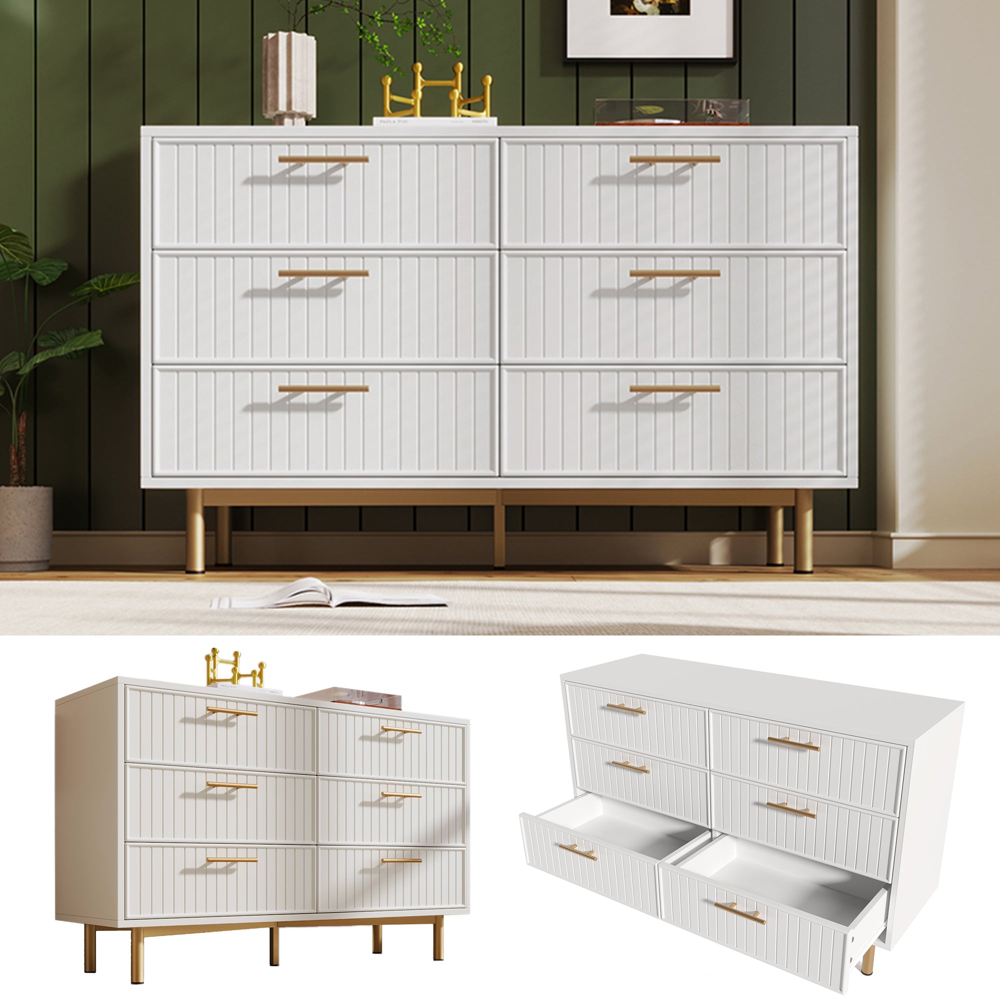 Chest of Drawers, 6-Drawer Sideboard for Bedroom, White