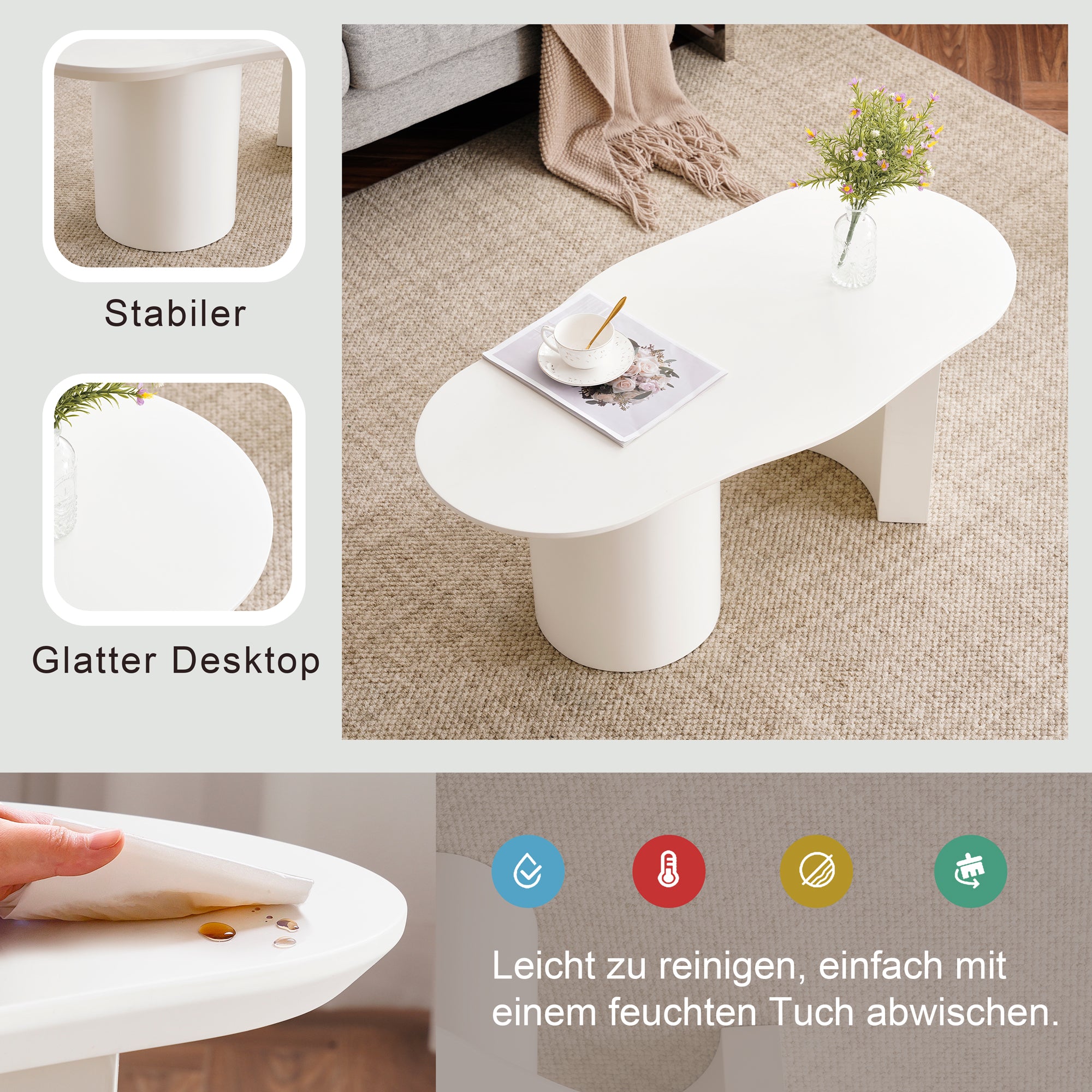 Coffee Table, Irregular 100cm Durable White MDF