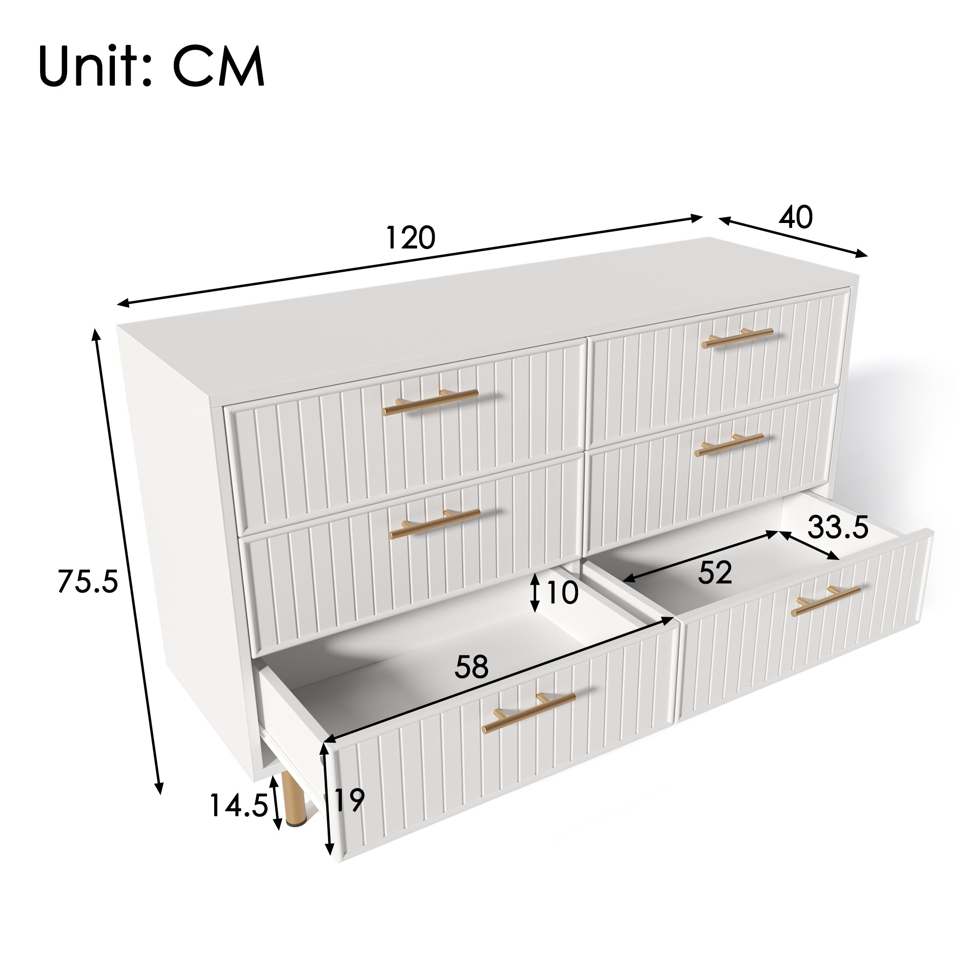 Chest of Drawers, 6-Drawer Sideboard for Bedroom, White