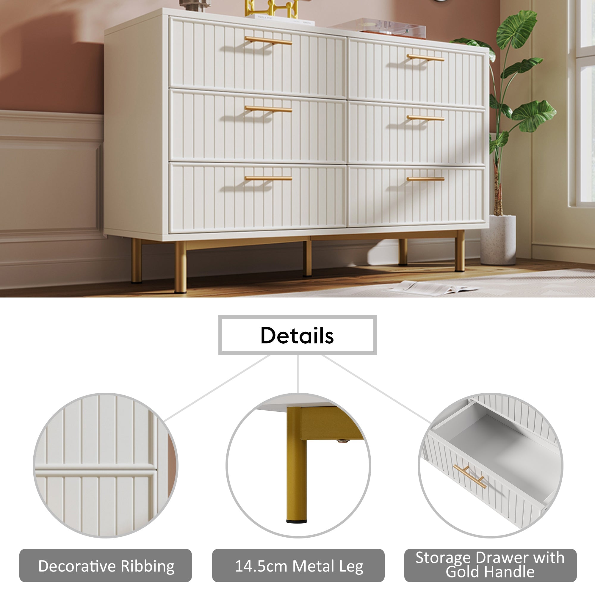 Sideboard Cabinet for Living Room, Chest of 6 Drawers, White, 40D x 120W x 75H CM