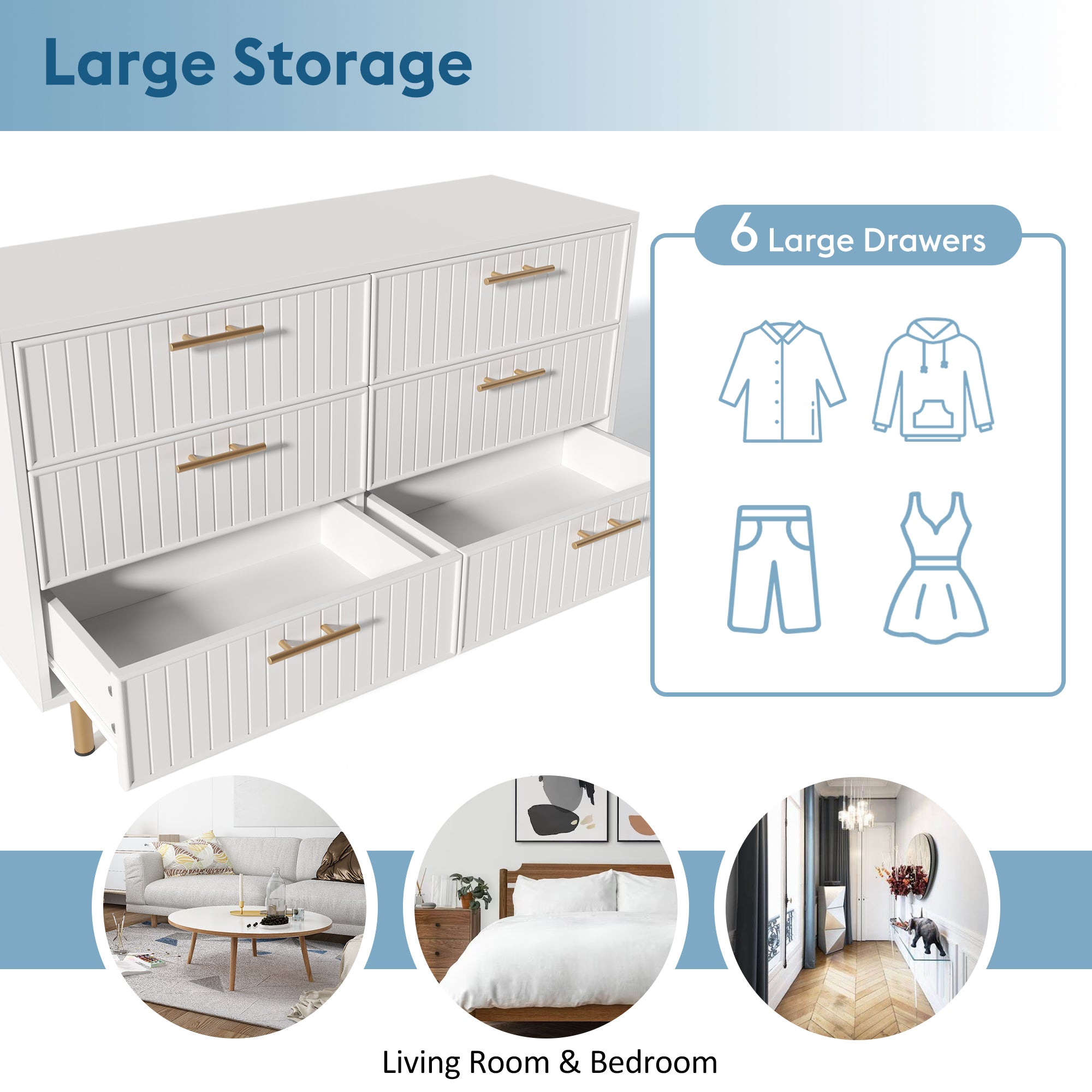 Sideboard Cabinet for Living Room, Chest of 6 Drawers, White, 40D x 120W x 75H CM