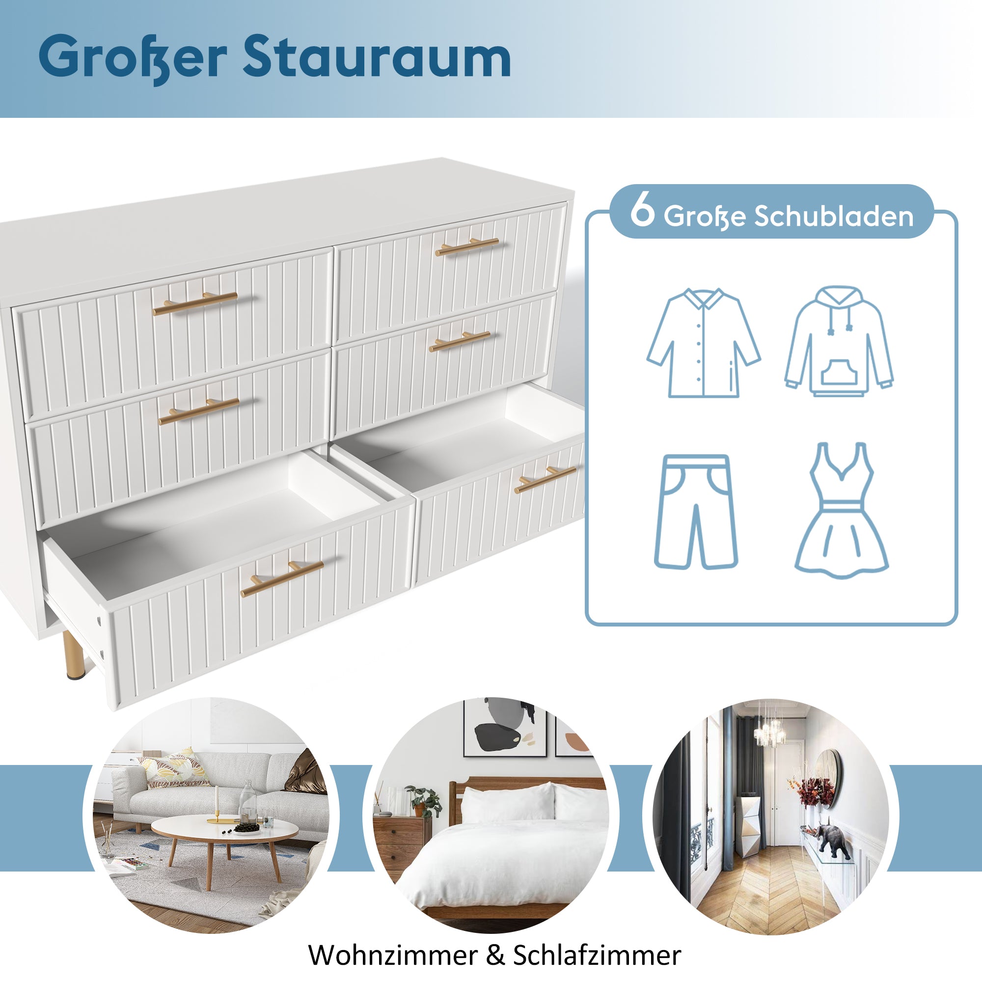 Chest of Drawers, 6-Drawer Sideboard for Bedroom, White