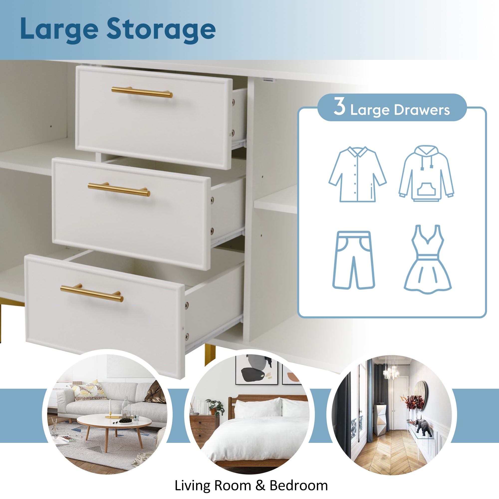 Sideboard Cabinet for Living Room, Chest of Drawers with 2 Doors & 3 Drawers, Adjustable Shelf, White