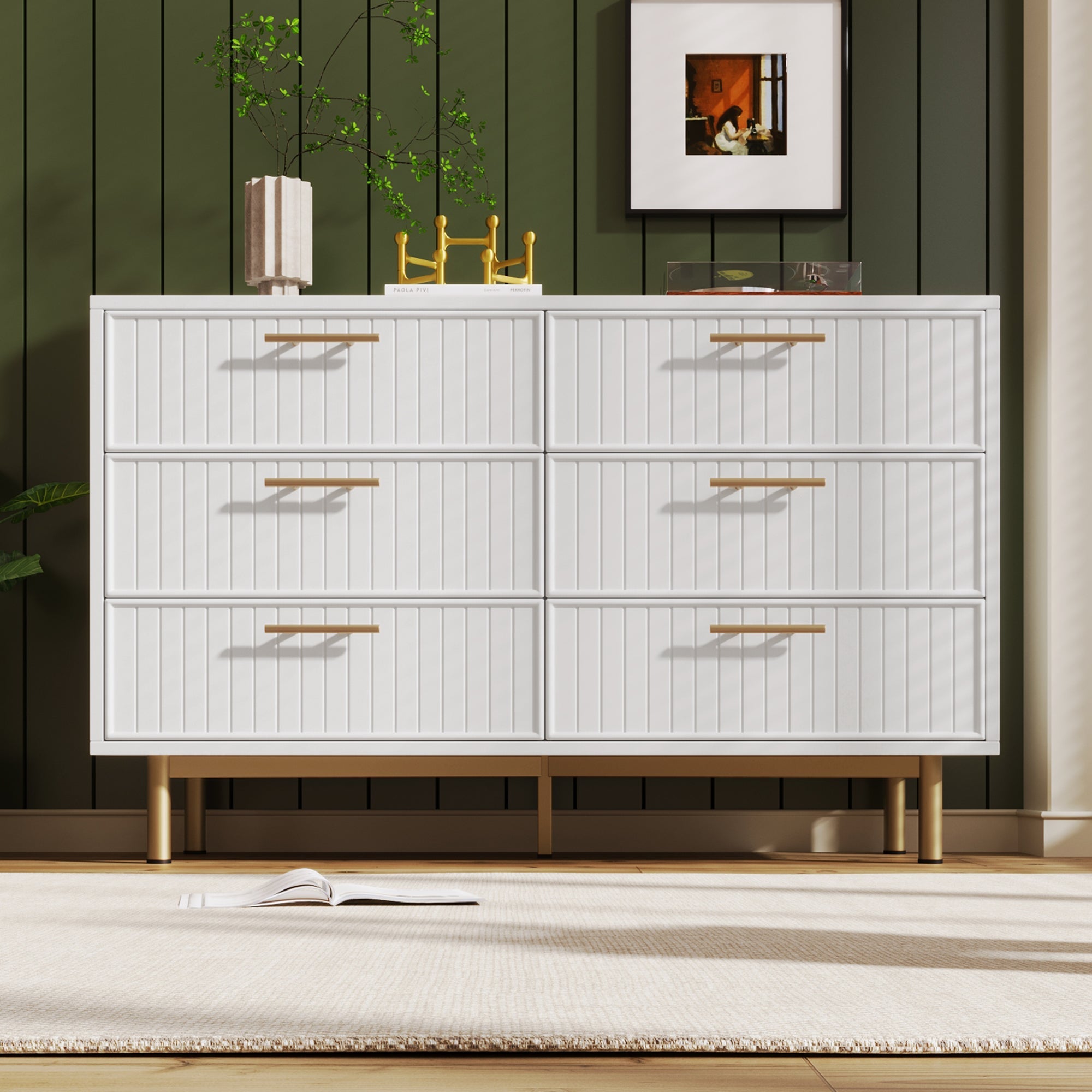 Sideboard Cabinet for Living Room, Chest of 6 Drawers, White, 40D x 120W x 75H CM
