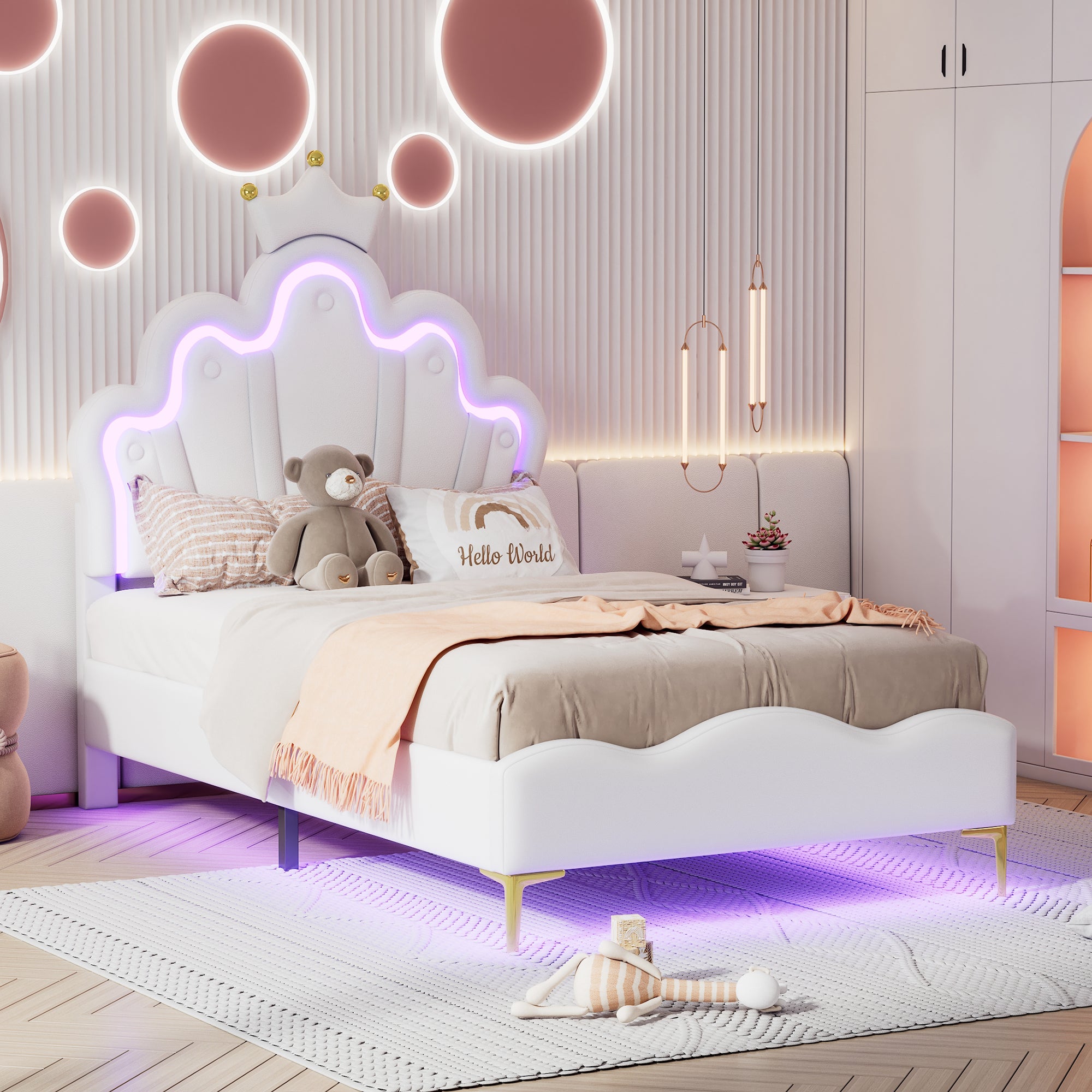 Princess Bed 90x200cm Crown Shaped PU Leather Upholstered LED - White