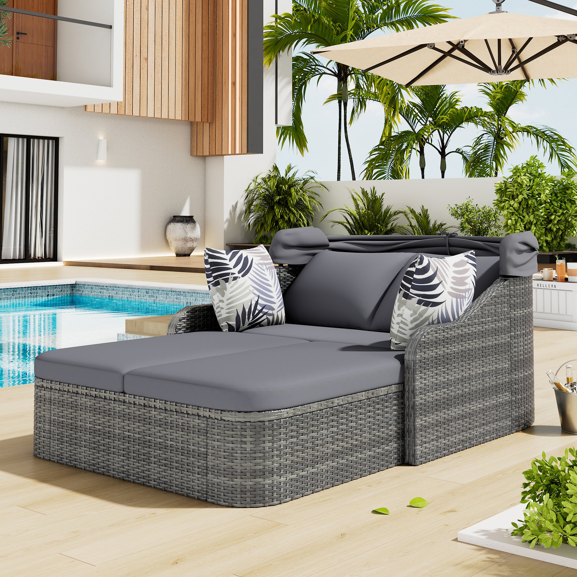 Sun Island Garden Lounge Set, PE Rattan Double Lounge Adjustable Canopy with 4 Cushions, Grey