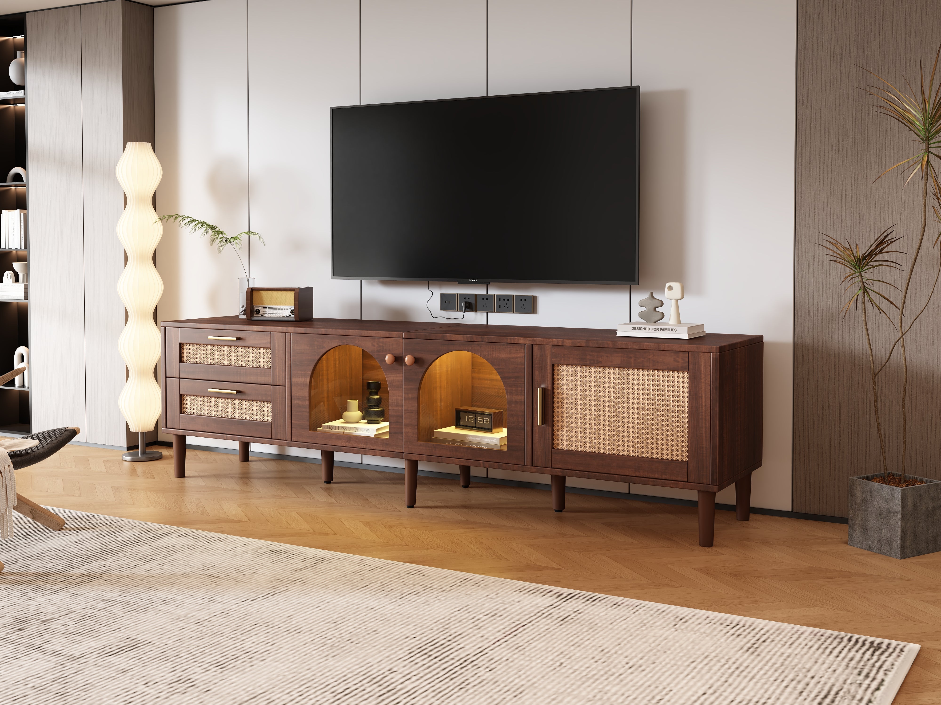 TV Cabinet, 180cm 80-inch with 2 Rattan Drawers, 2 Glass & 1 Rattan Door, LED Lighting, Brown