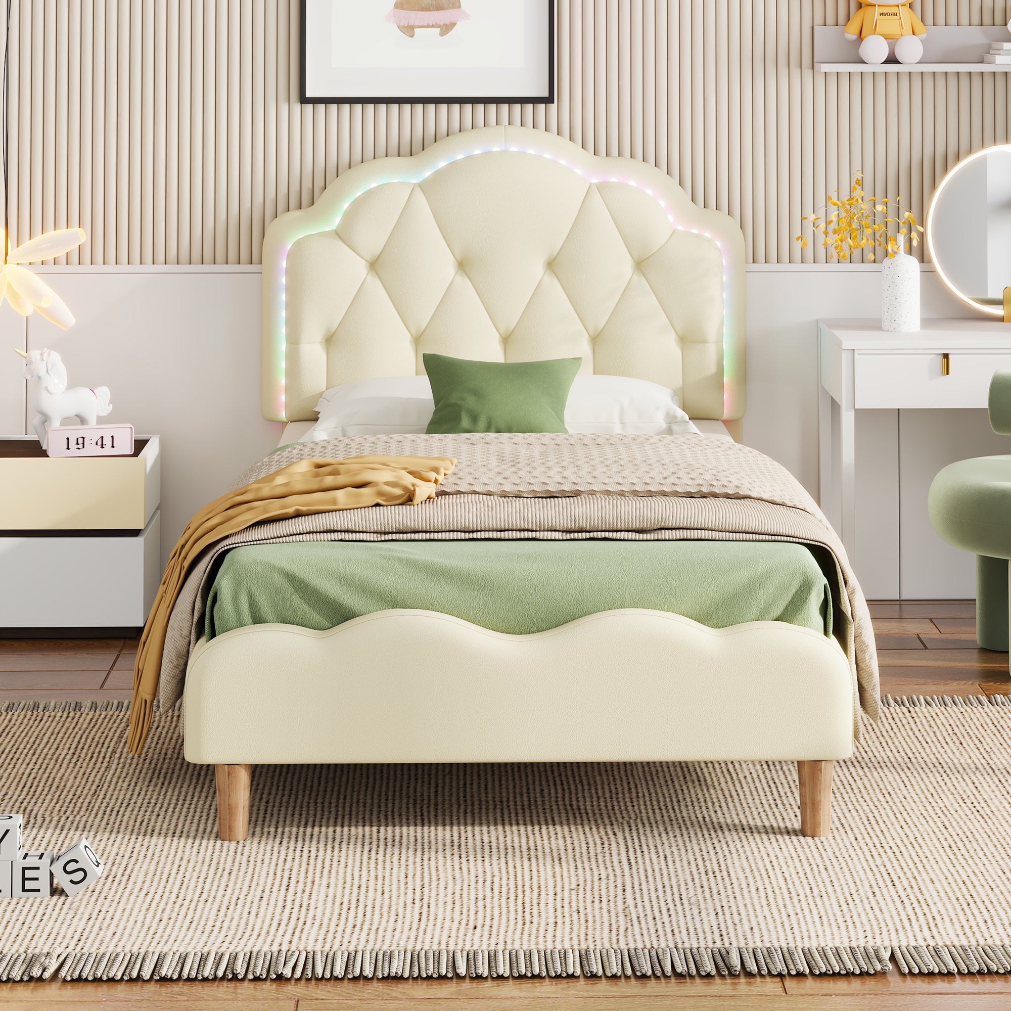 Upholstered bed, wave-shaped headboard, LED strips, wooden slats, white PU, 90x200cm