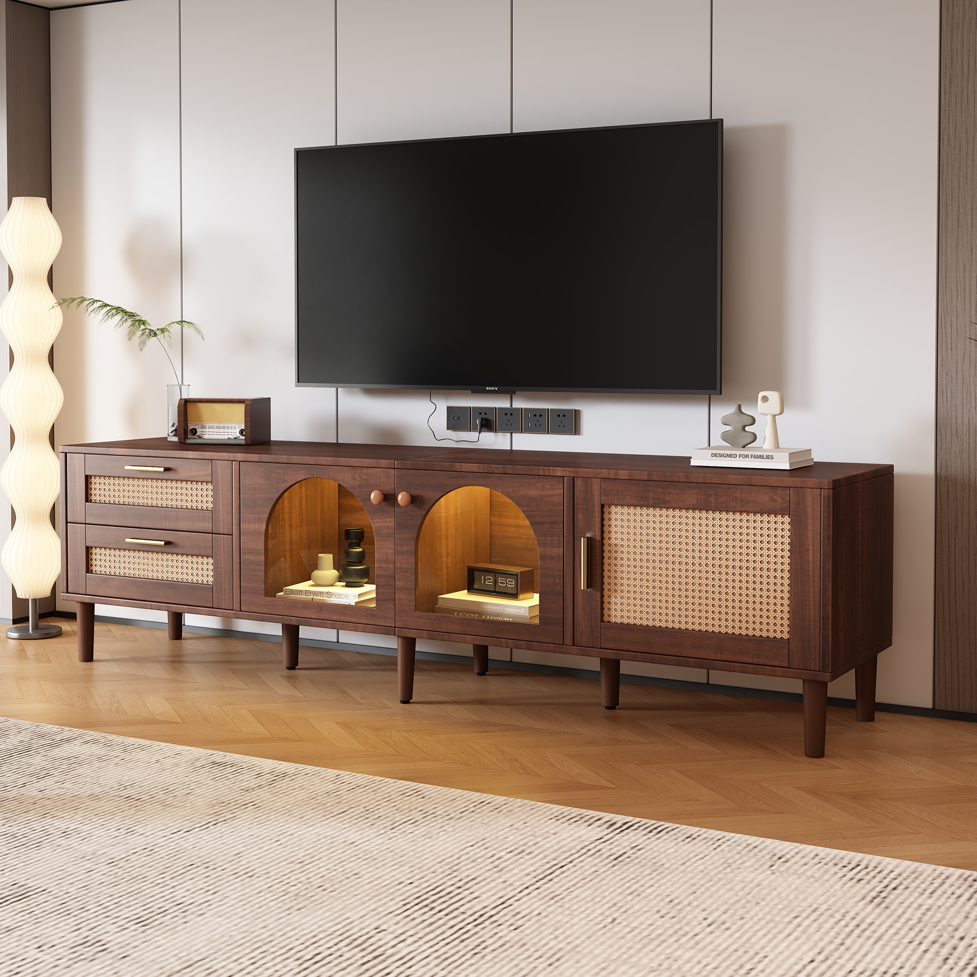 TV Cabinet, 180cm 80-inch with 2 Rattan Drawers, 2 Glass & 1 Rattan Door, LED Lighting, Brown