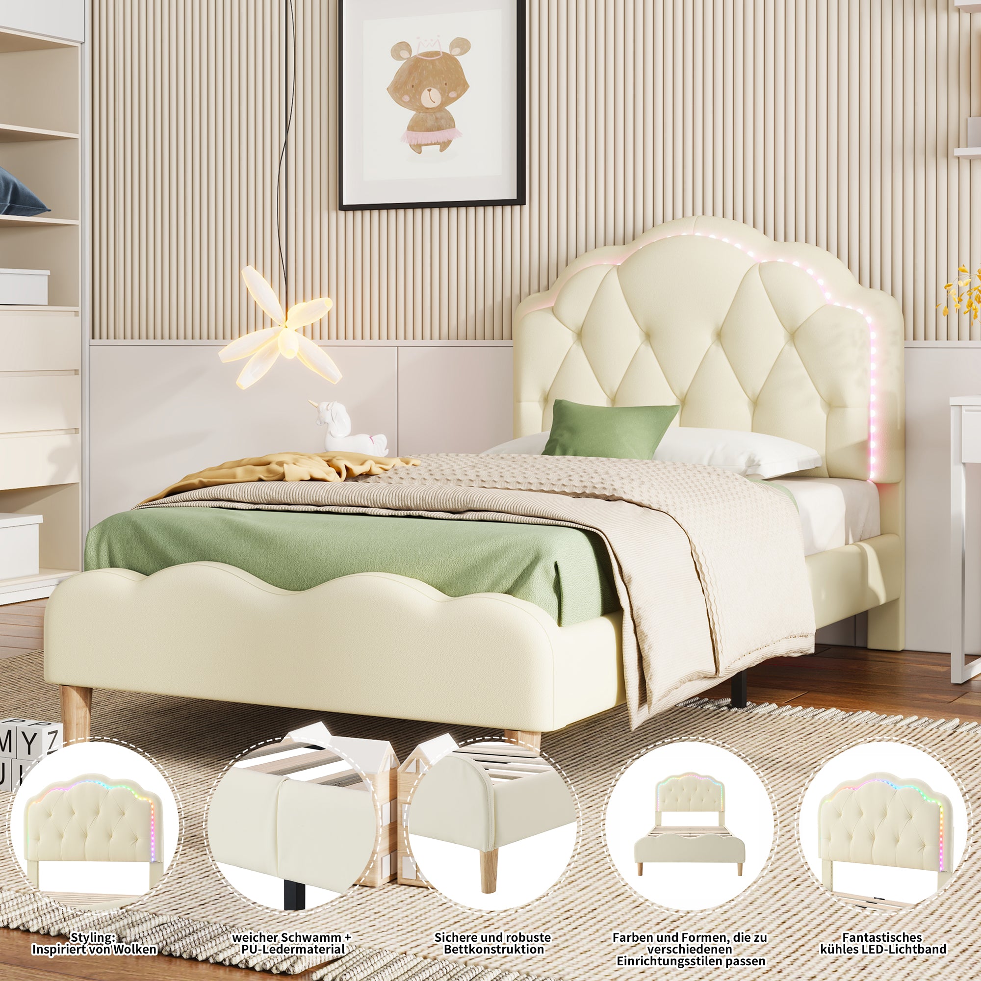 Upholstered bed, wave-shaped headboard, LED strips, wooden slats, white PU, 90x200cm