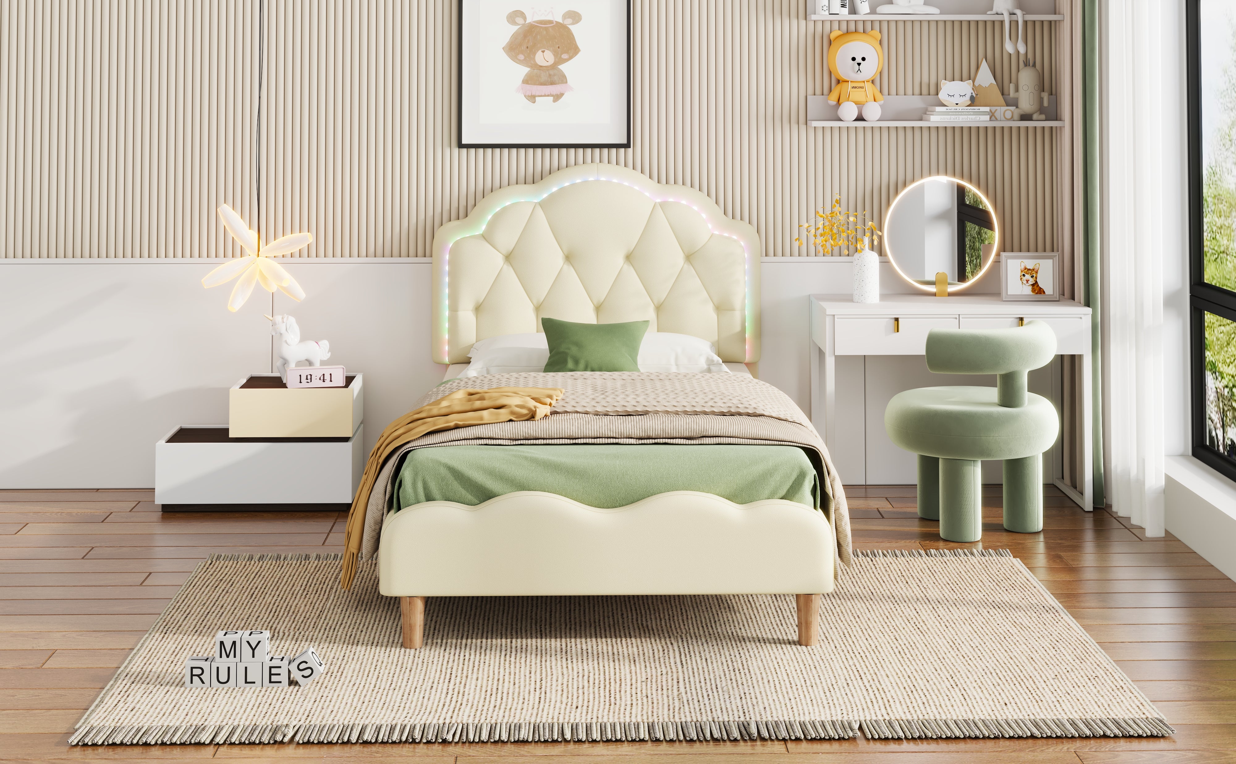 Upholstered bed, wave-shaped headboard, LED strips, wooden slats, white PU, 90x200cm