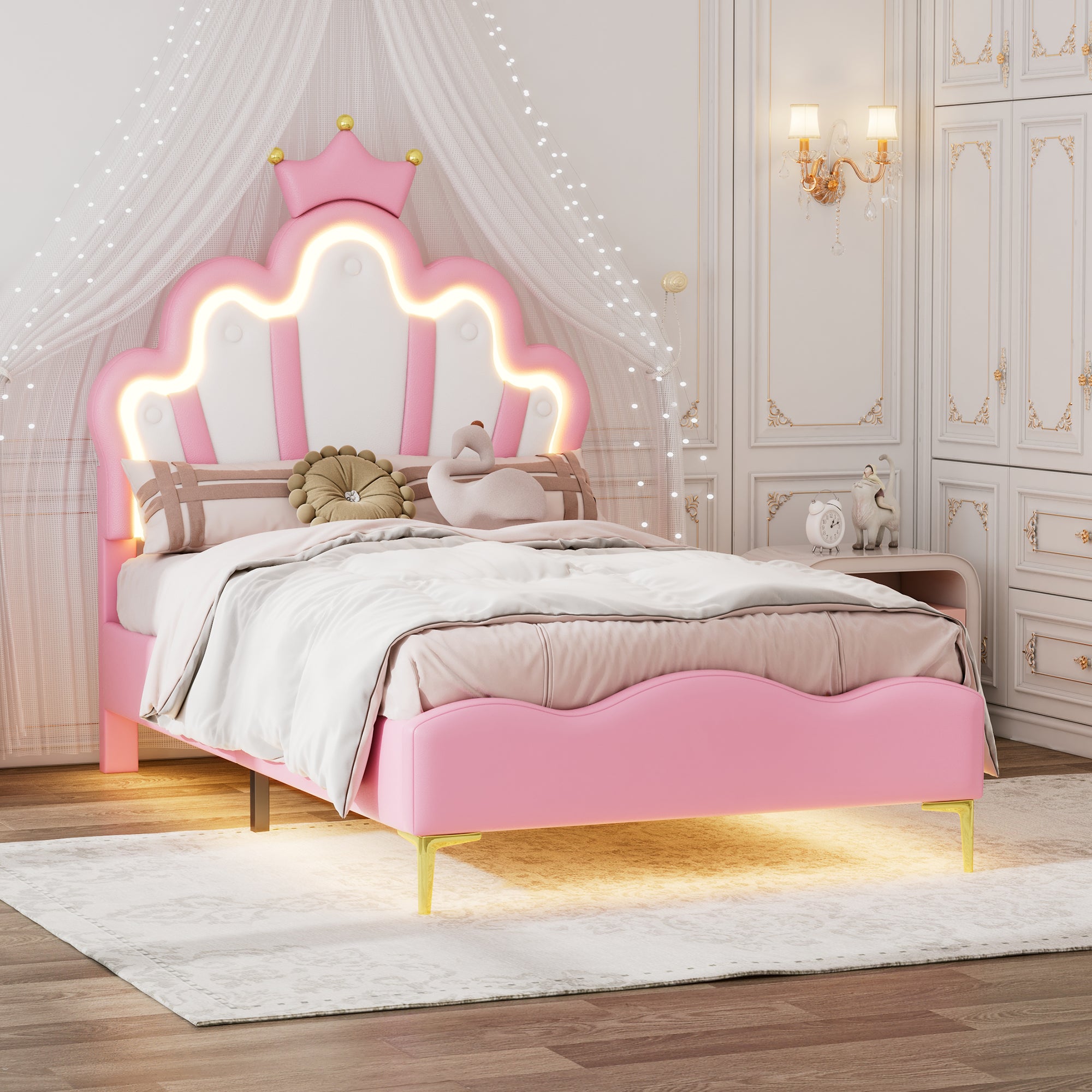 Princess Bed 90x200cm Crown Headboard Upholstered with Adjustable LED Light Pink PU Leather