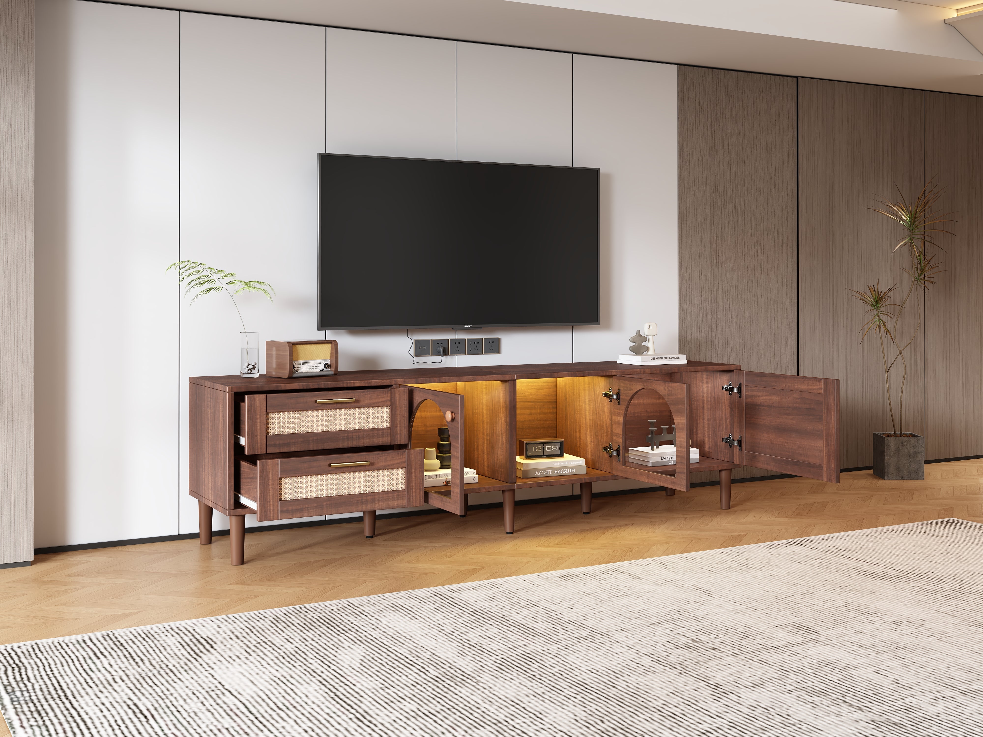 TV Cabinet, 180cm 80-inch with 2 Rattan Drawers, 2 Glass & 1 Rattan Door, LED Lighting, Brown