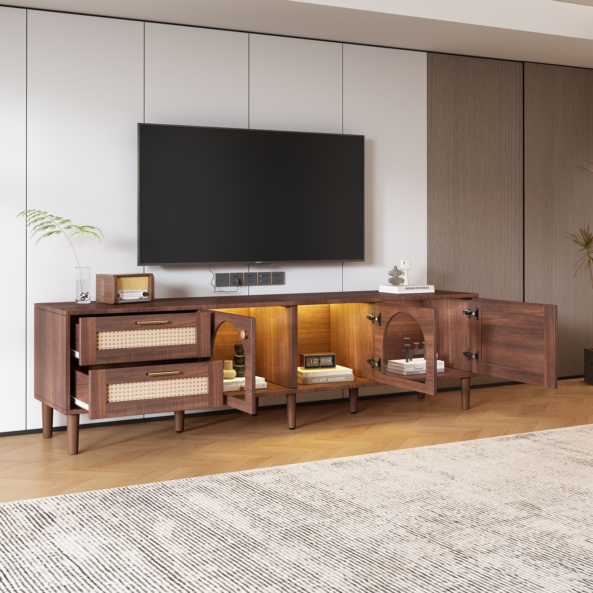 TV Cabinet, 180cm 80-inch with 2 Rattan Drawers, 2 Glass & 1 Rattan Door, LED Lighting, Brown