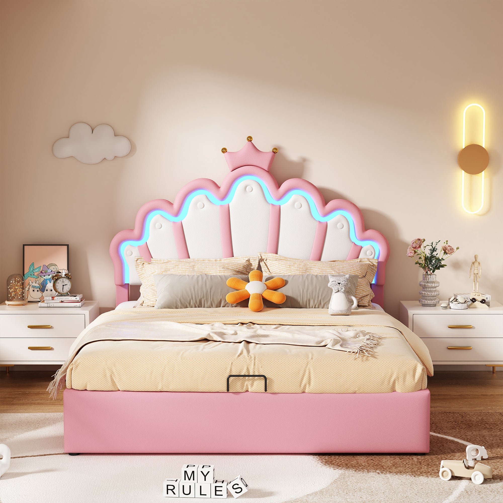 140*200cm Flat Upholstered Princess Bed with Ambient Lighting, Pink