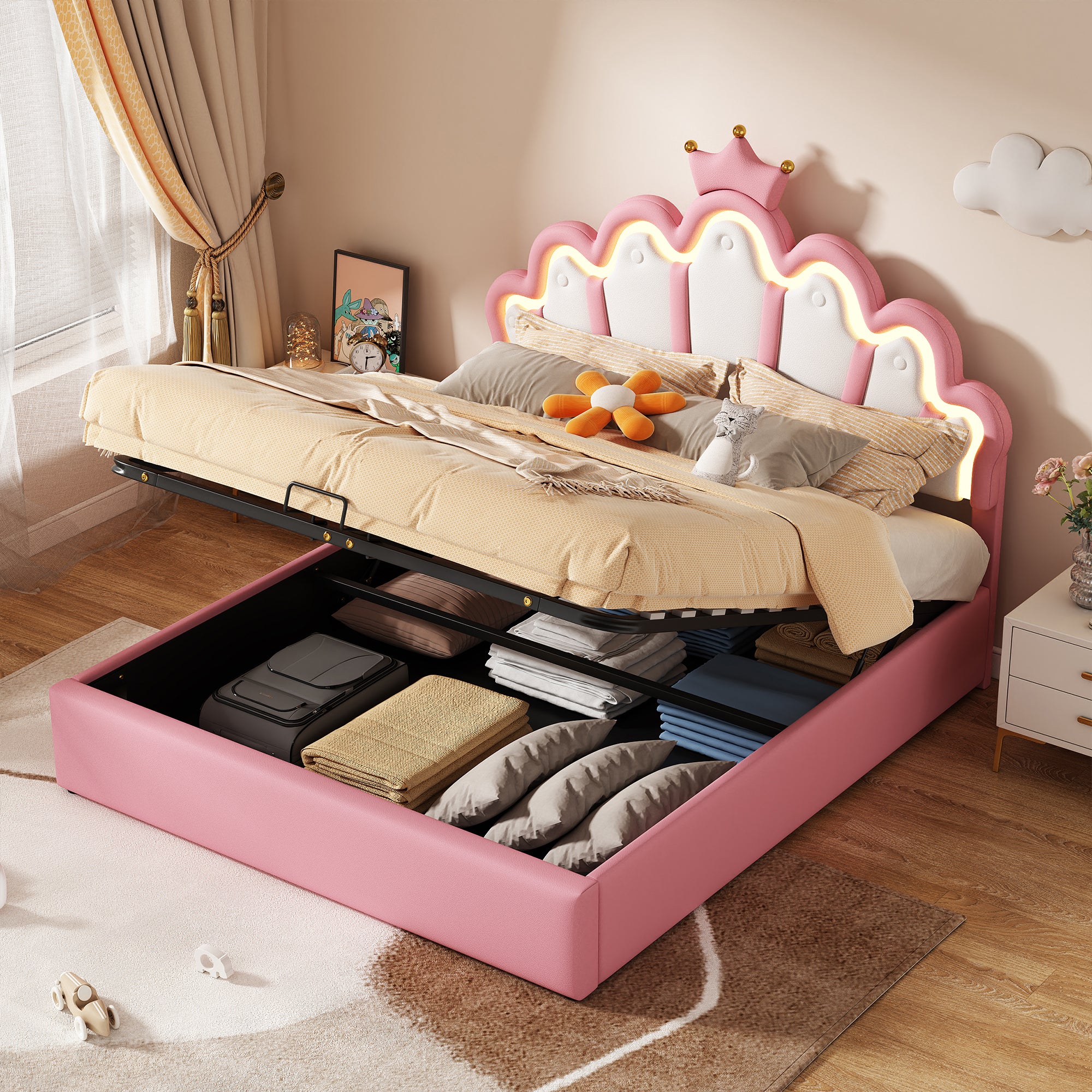 140*200cm Flat Upholstered Princess Bed with Ambient Lighting, Pink