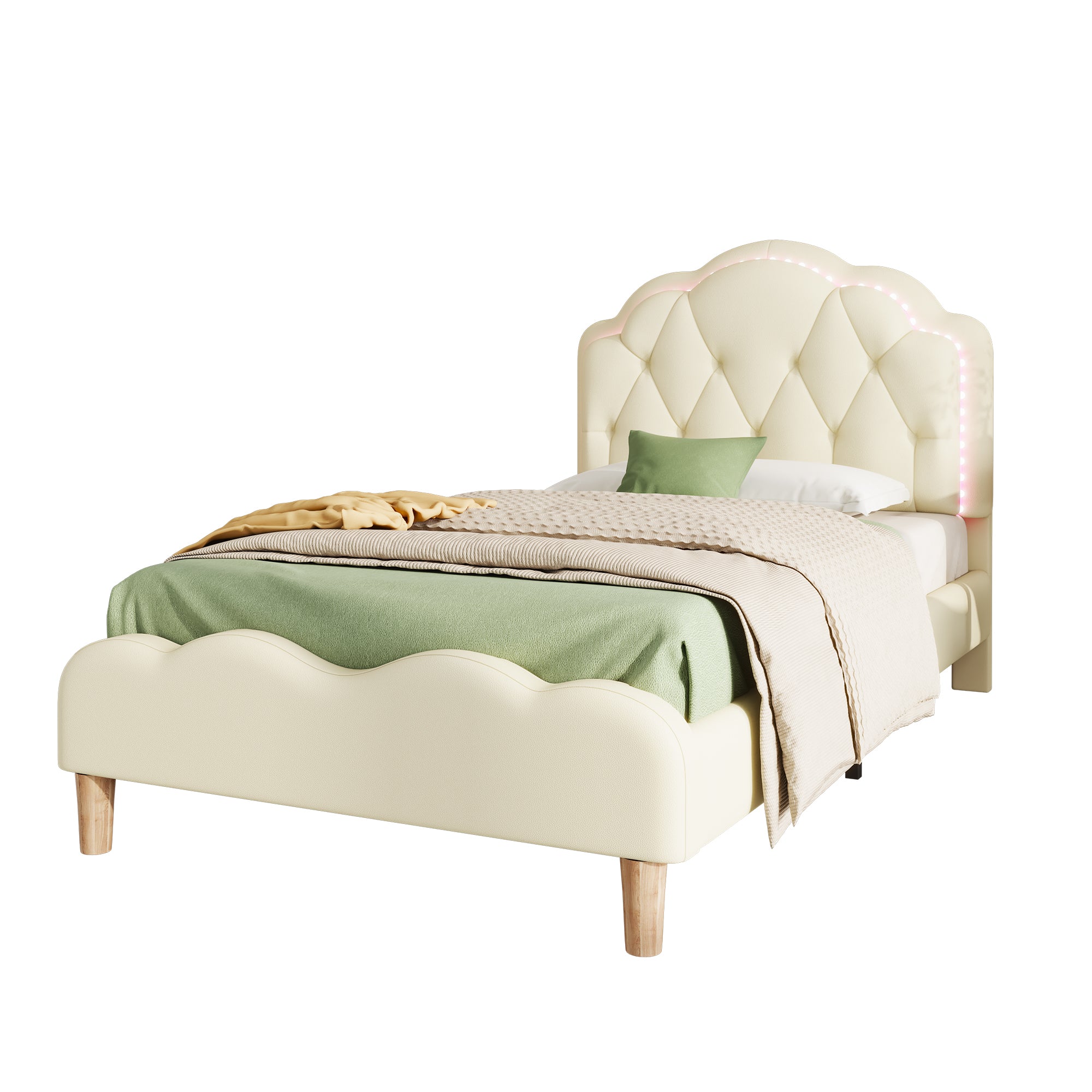 Upholstered bed, wave-shaped headboard, LED strips, wooden slats, white PU, 90x200cm