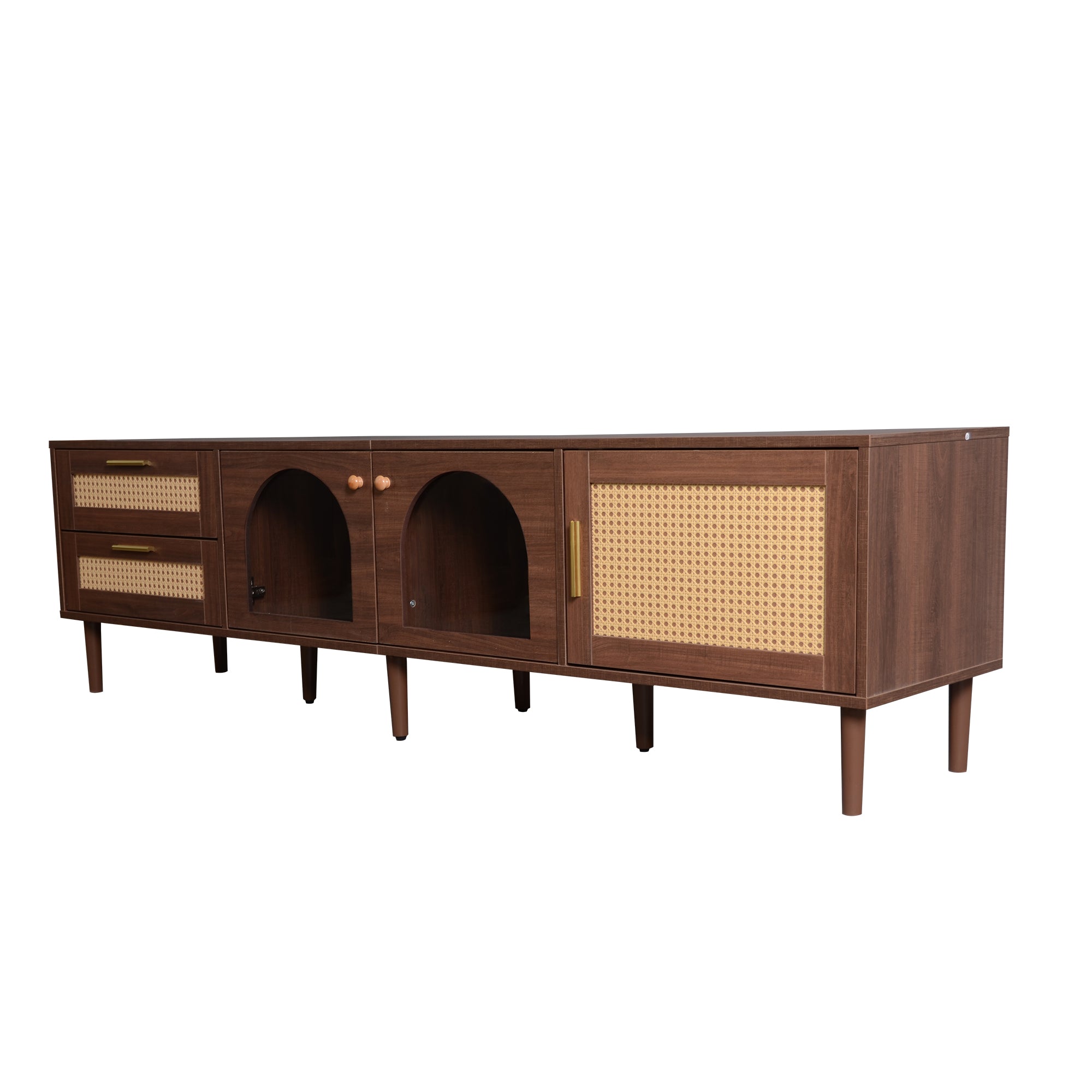 TV Cabinet, 180cm 80-inch with 2 Rattan Drawers, 2 Glass & 1 Rattan Door, LED Lighting, Brown