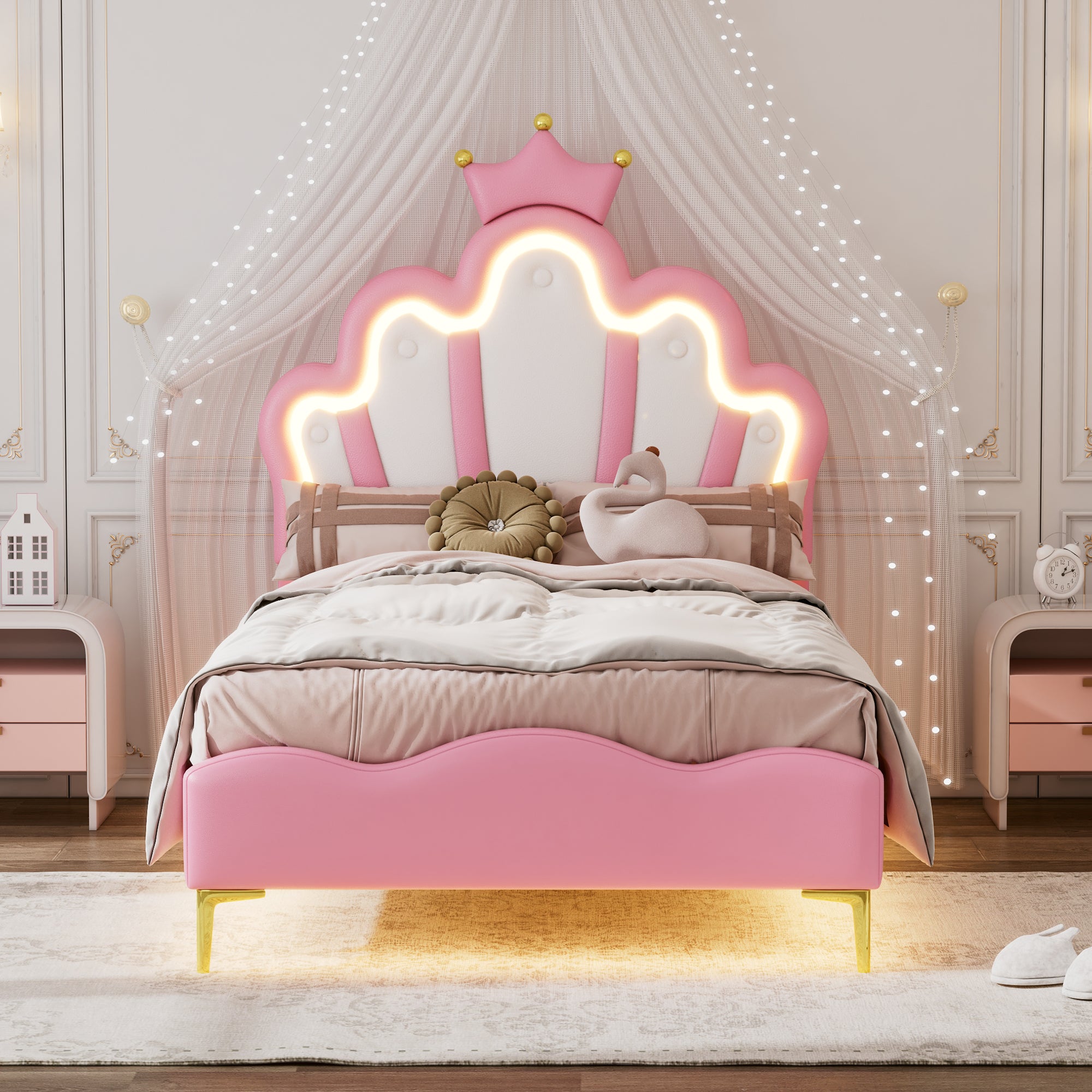 Princess Bed 90x200cm Crown Headboard Upholstered with Adjustable LED Light Pink PU Leather