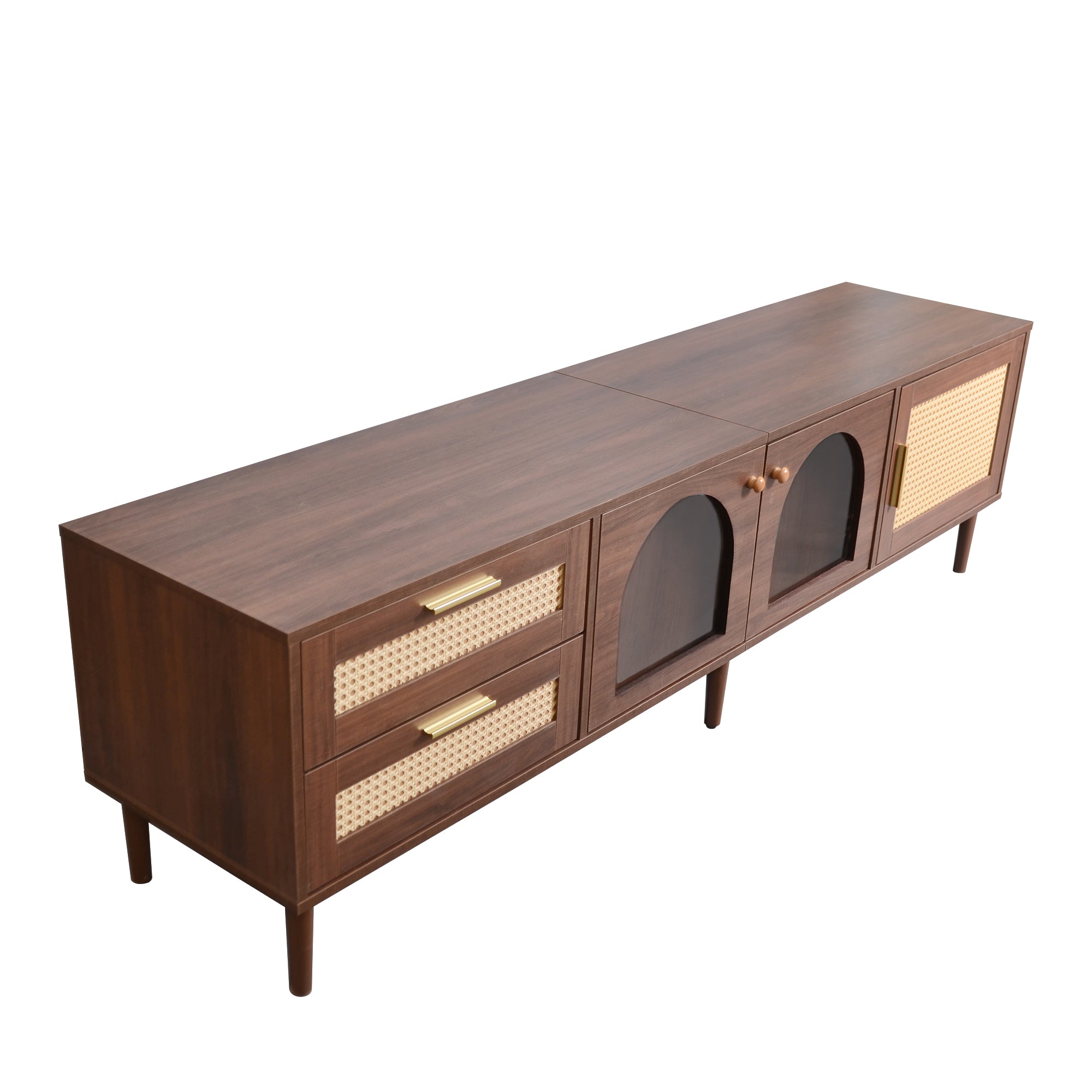 TV Cabinet, 180cm 80-inch with 2 Rattan Drawers, 2 Glass & 1 Rattan Door, LED Lighting, Brown