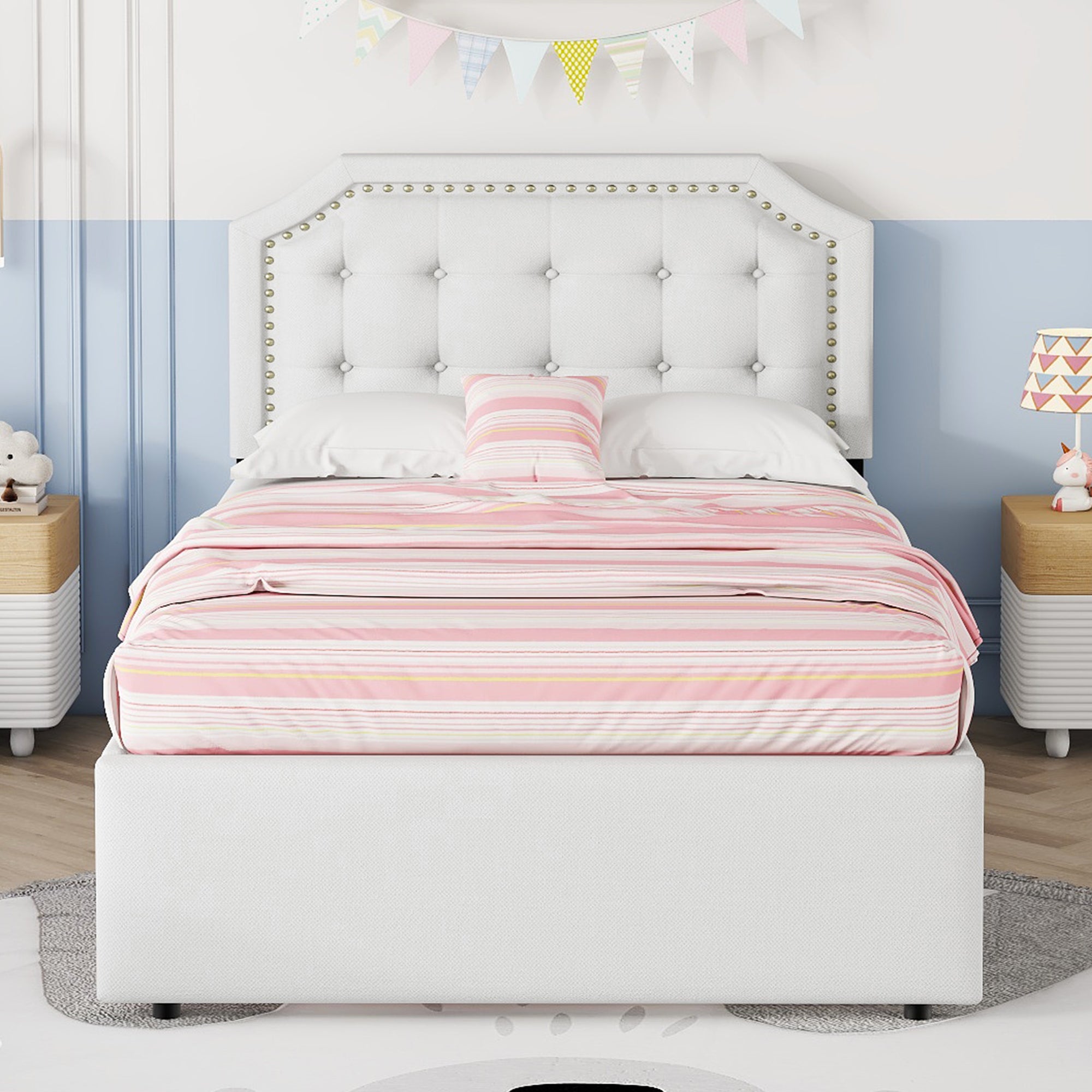 Upholstered Flat Bed 90x200cm Decorative Studs Double Drawers Light Beige