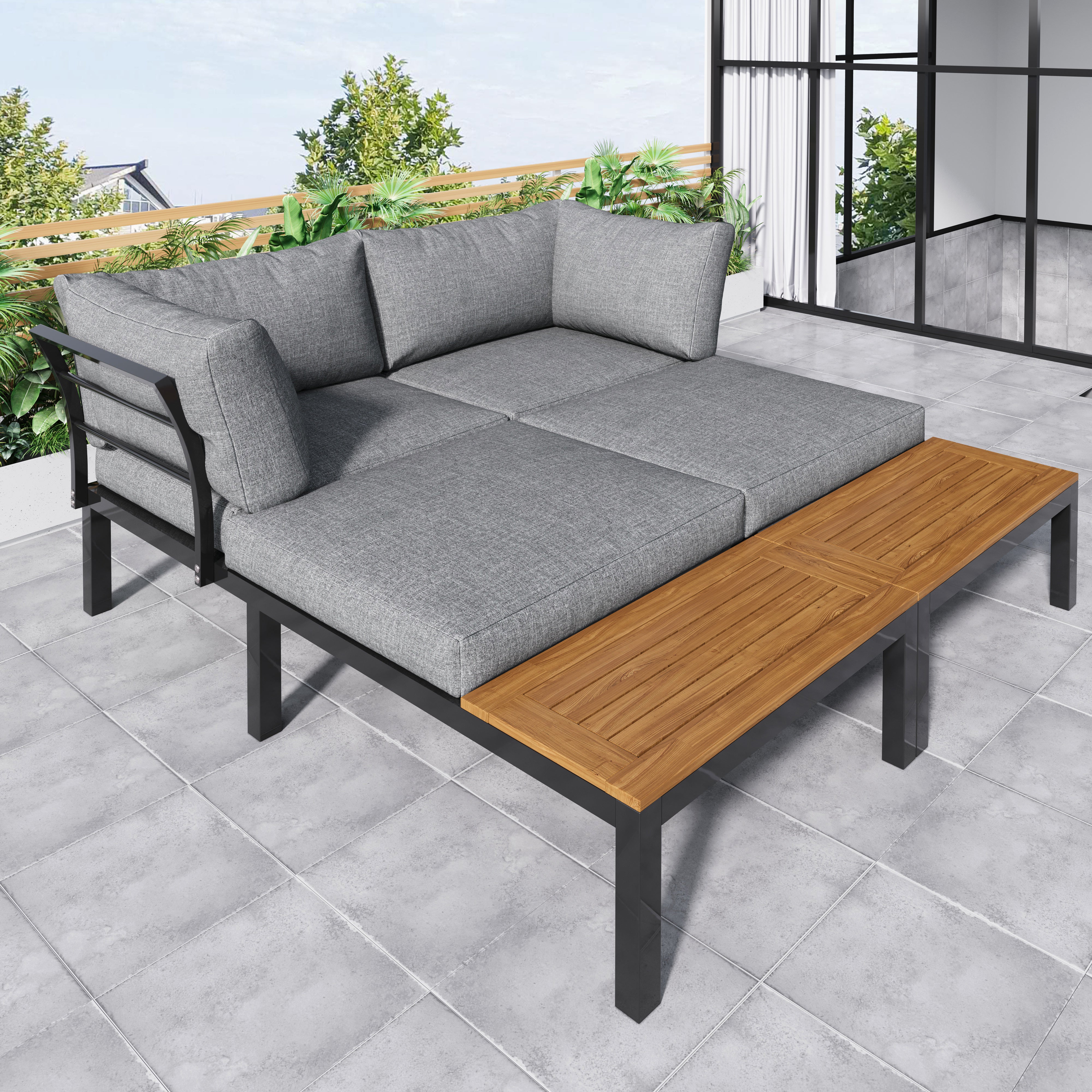 Garden Lounge Set 5-Piece Acacia Wood Table Fabric Backrest - Grey