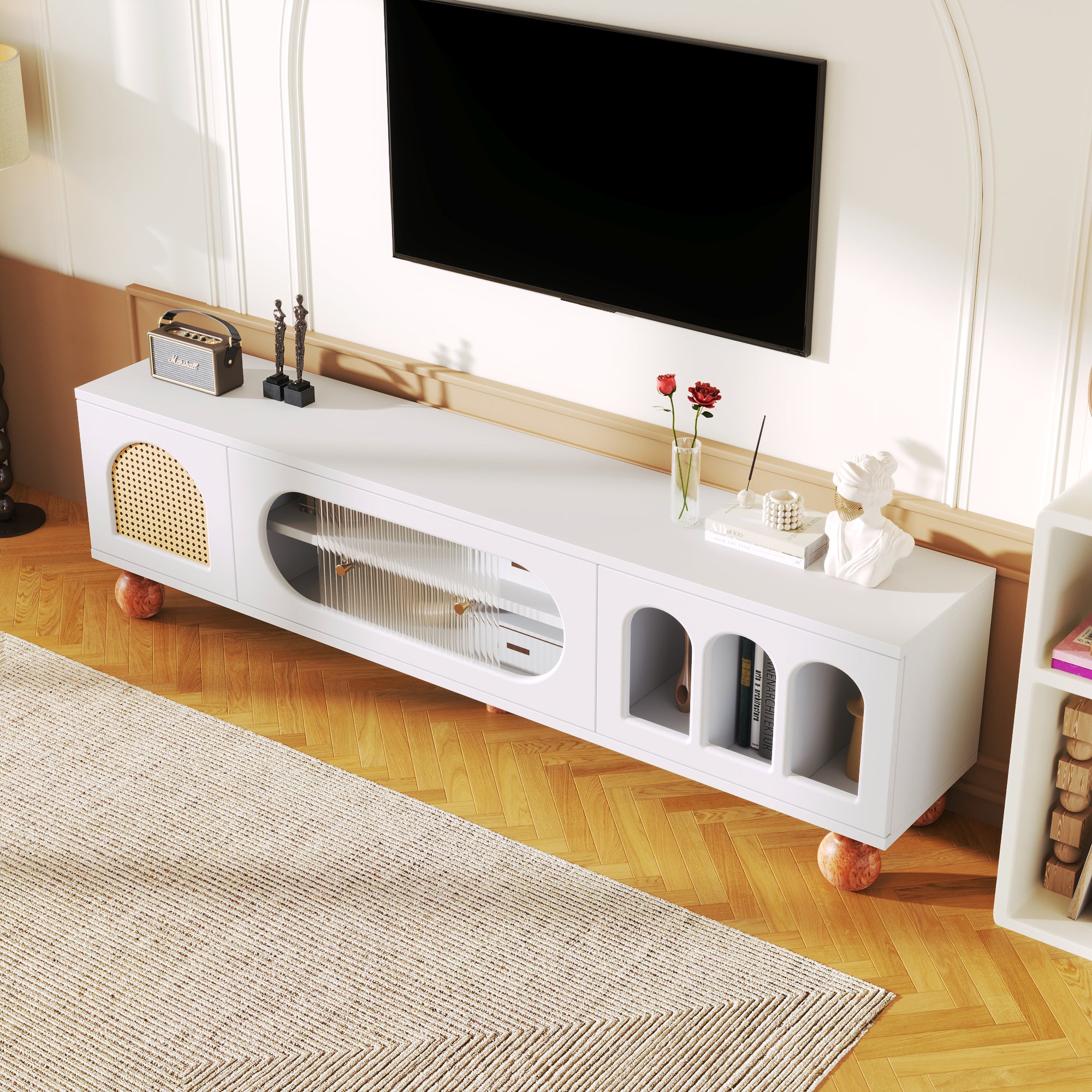 TV Cabinet, Rattan-like Sliding Glass Door, Gold Handles, Wood