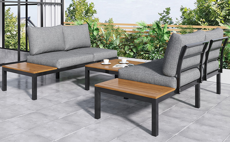 Garden Lounge Set 5-Piece Acacia Wood Table Fabric Backrest - Grey