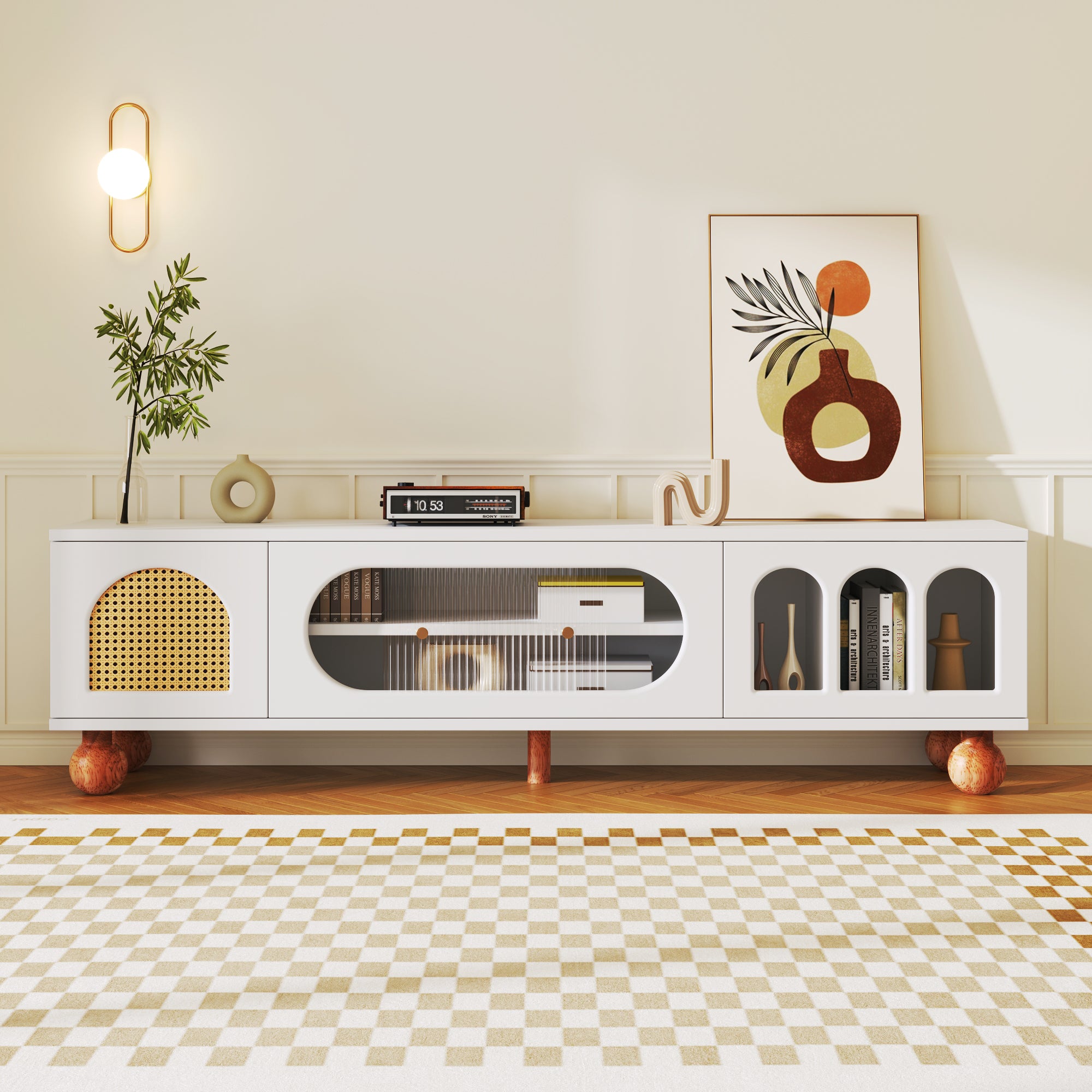 TV Cabinet, Rattan-like Sliding Glass Door, Gold Handles, Wood