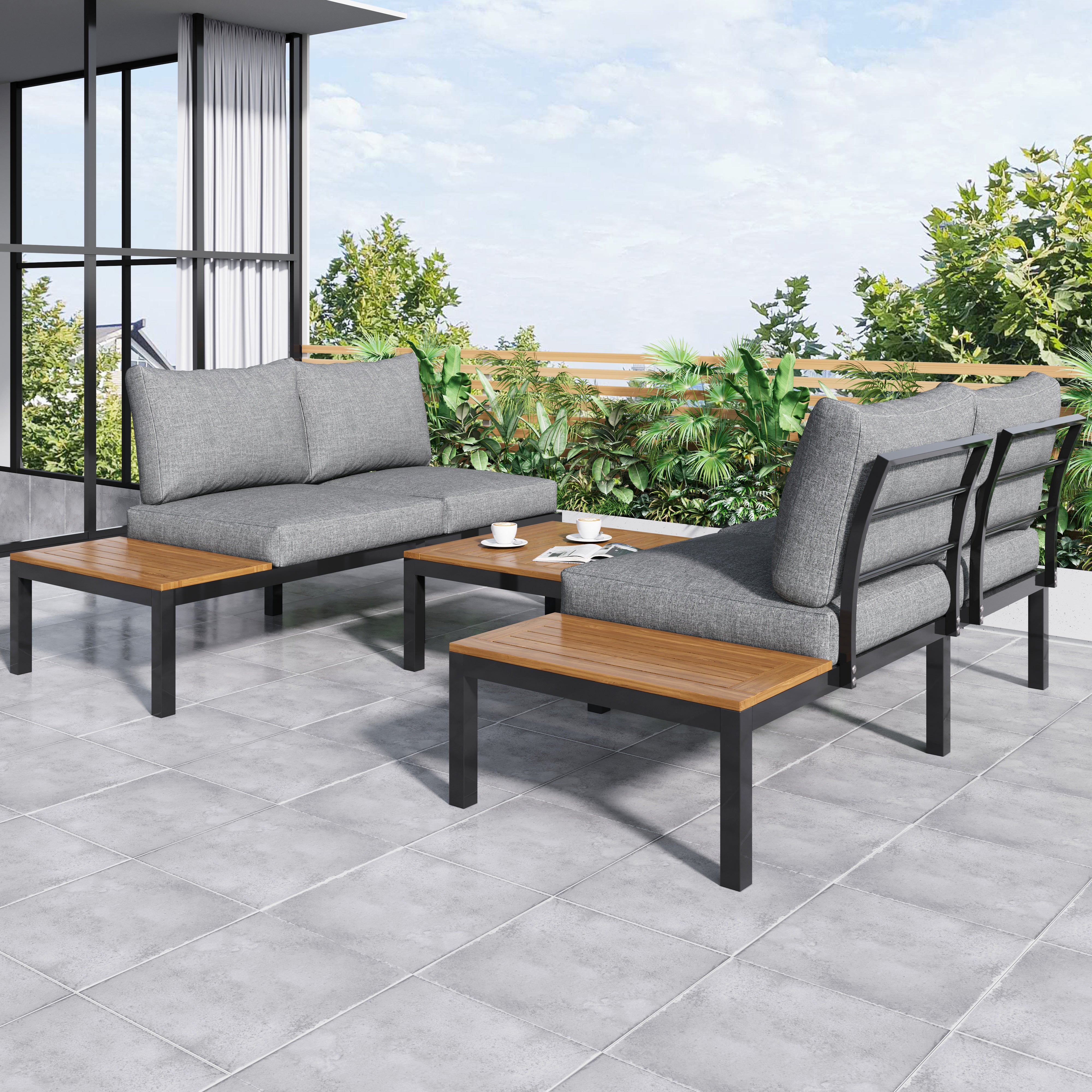 Garden Lounge Set 5-Piece Acacia Wood Table Fabric Backrest - Grey
