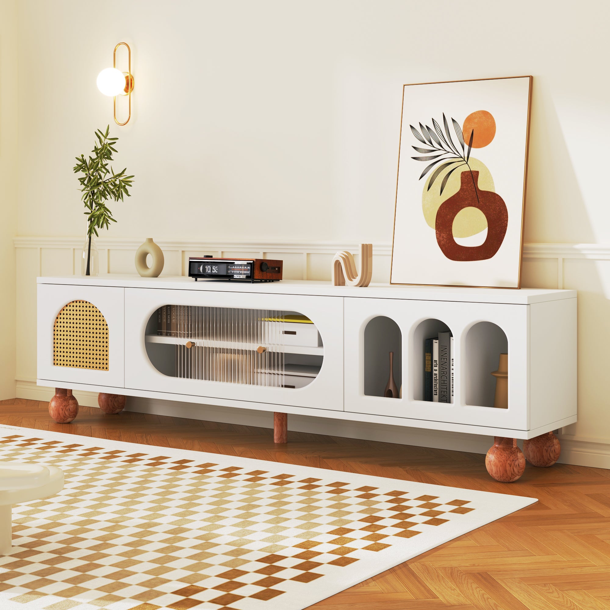 TV Cabinet, Rattan-like Sliding Glass Door, Gold Handles, Wood