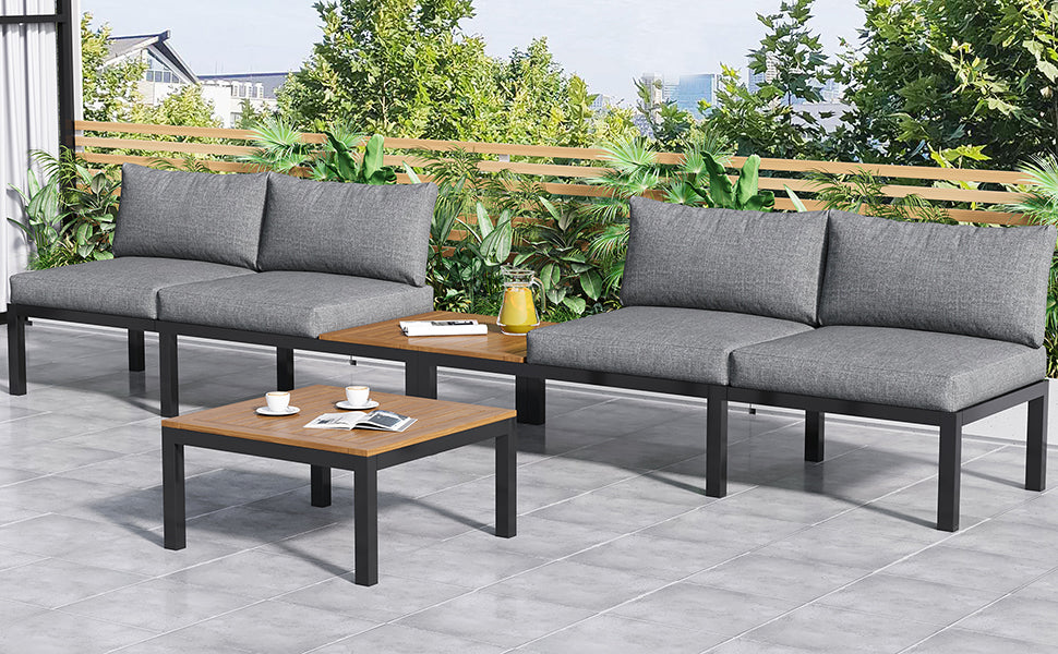 Garden Lounge Set 5-Piece Acacia Wood Table Fabric Backrest - Grey