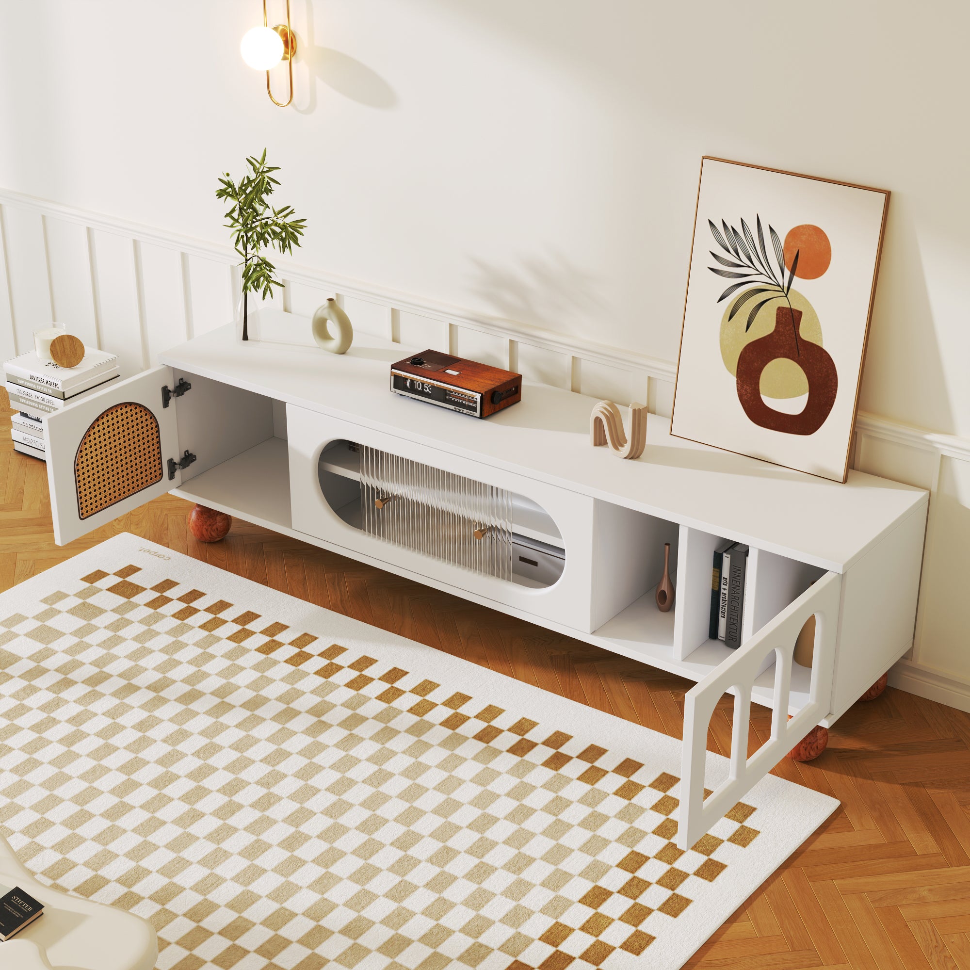 TV Cabinet, Rattan-like Sliding Glass Door, Gold Handles, Wood