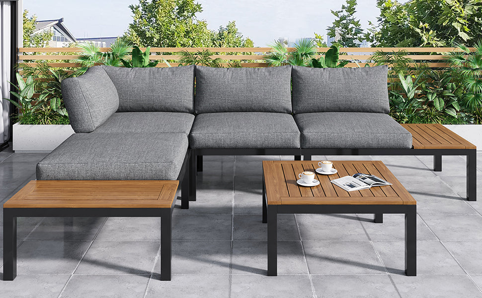 Garden Lounge Set 5-Piece Acacia Wood Table Fabric Backrest - Grey