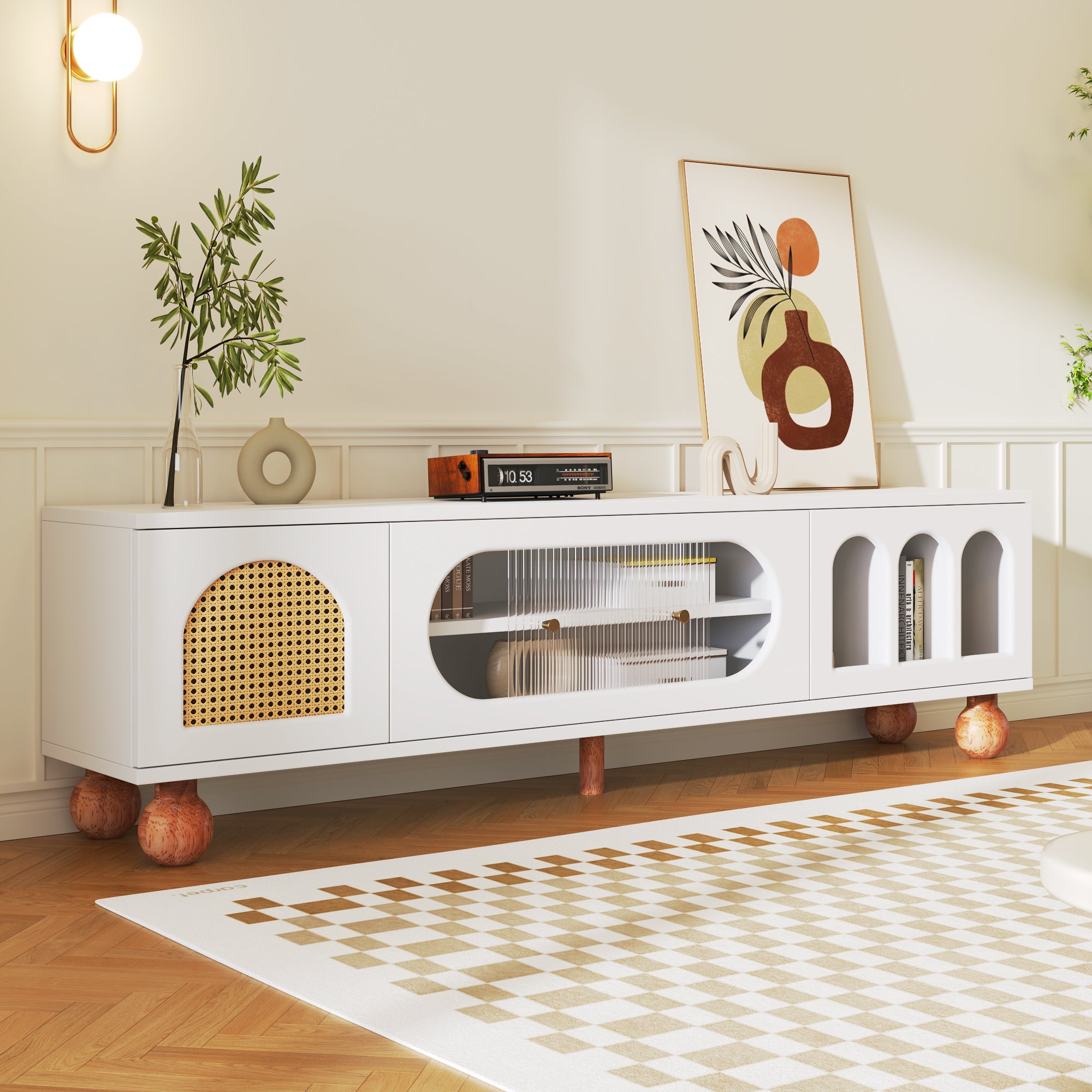 TV Cabinet, Rattan-like Sliding Glass Door, Gold Handles, Wood