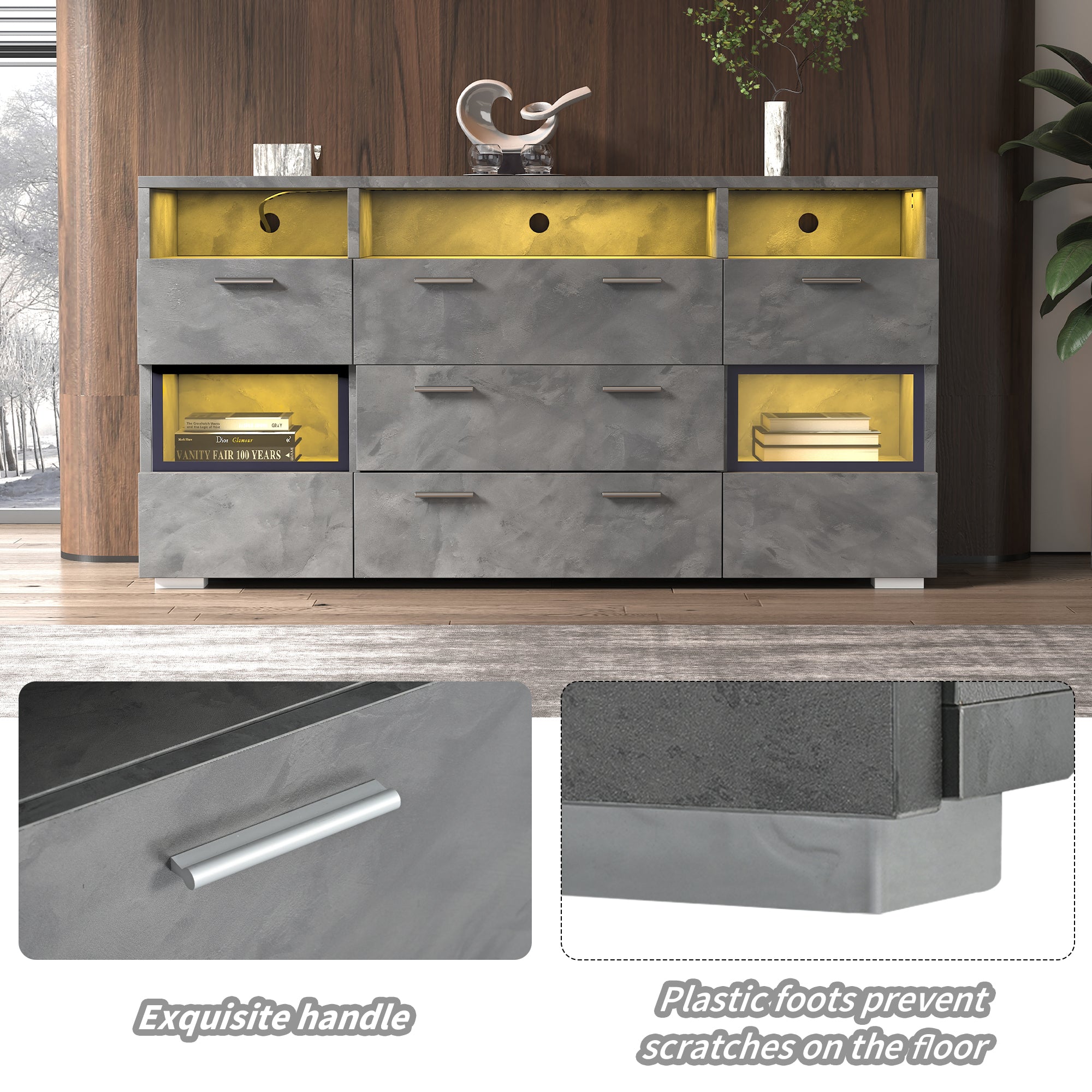 Sideboard 140cm LED 2 Doors 3 Drawers Acrylic Storage - Grey