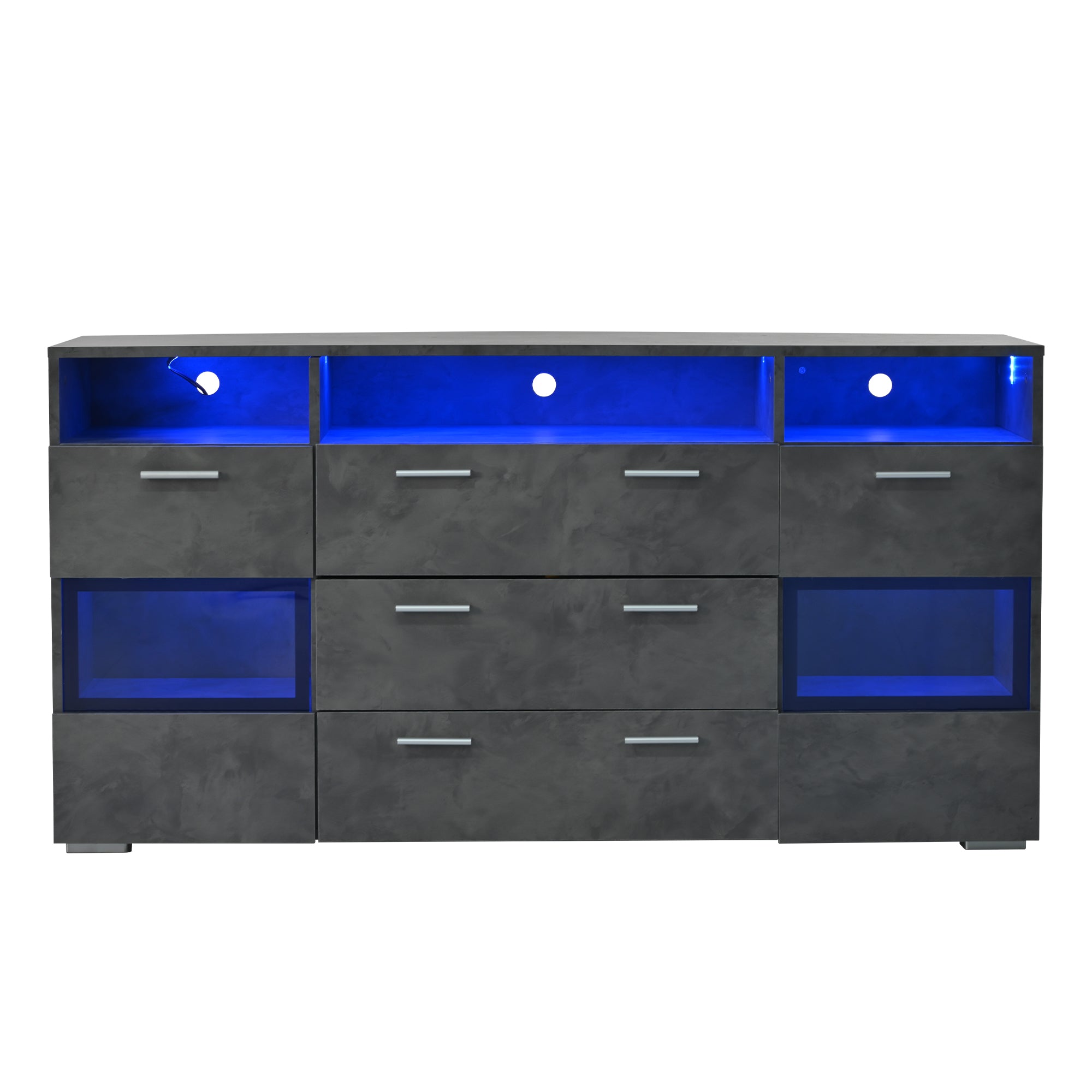 Sideboard, 140 cm LED Lighting, 2 Doors, 3 Drawers, Open Storage, Grey Acrylic
