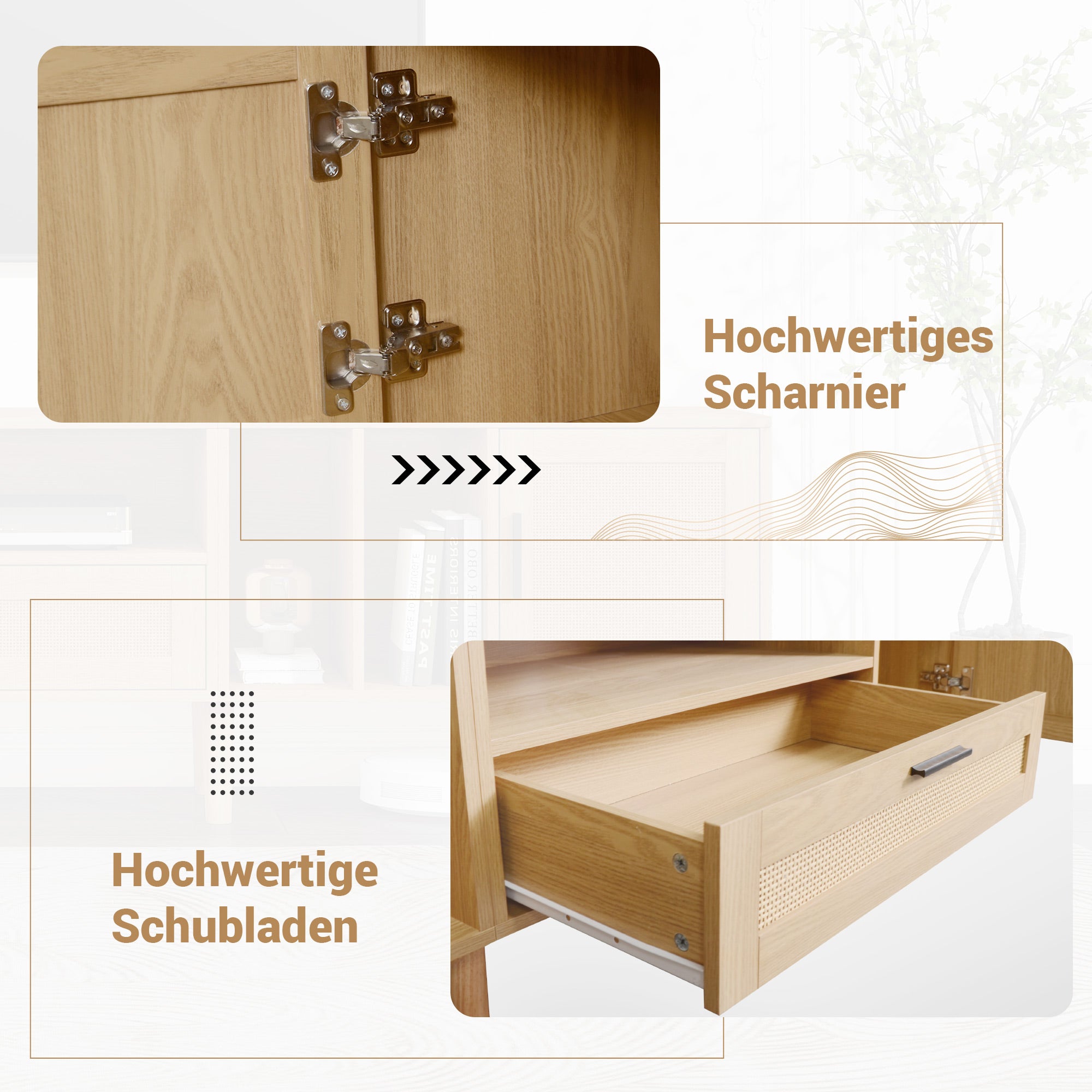 TV Cabinet, 180cm Rattan with 2 Doors & 1 Drawer, Solid Wood