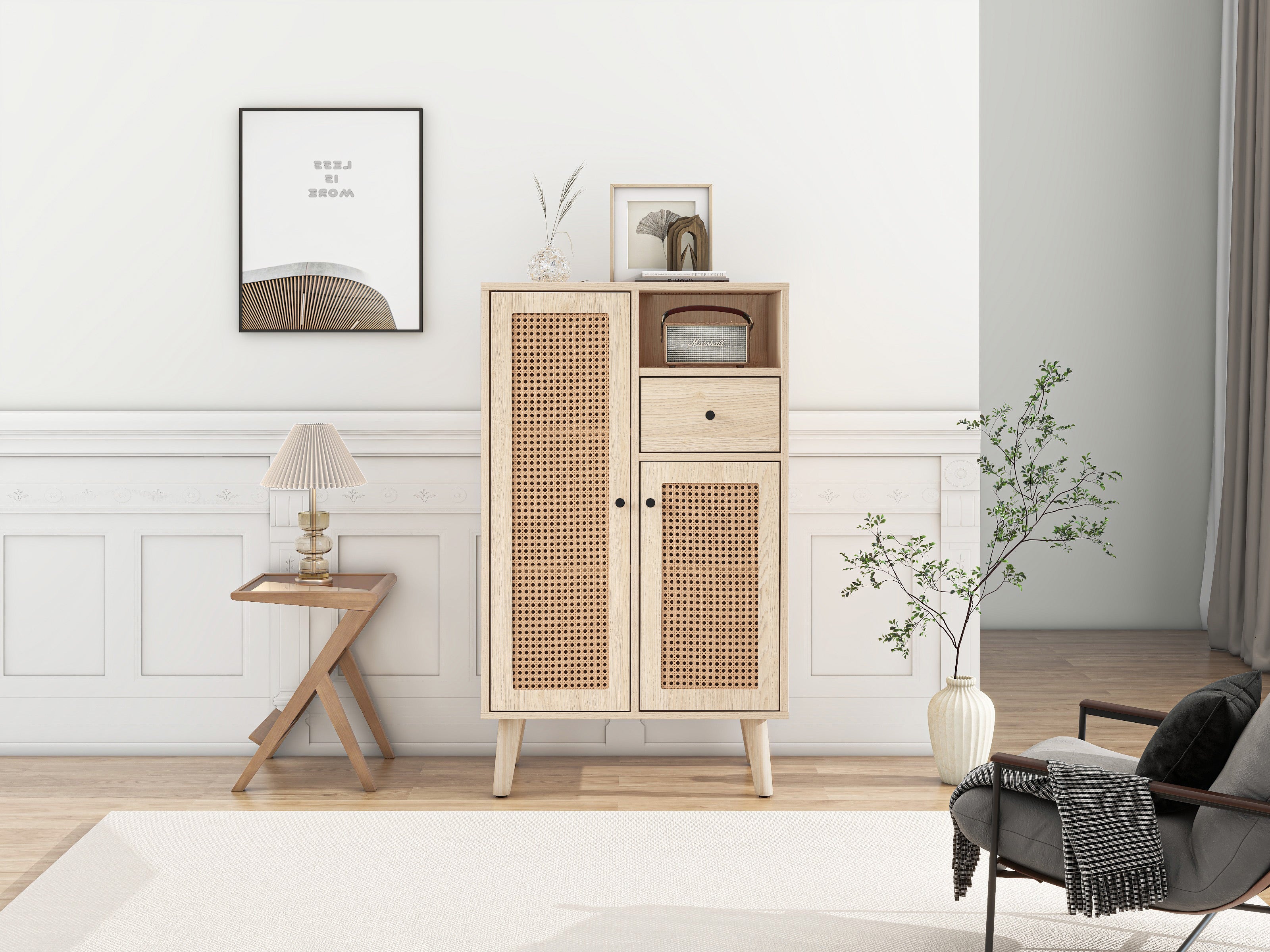 Sideboard, 2 rattan doors, 1 drawer, large storage, wood look