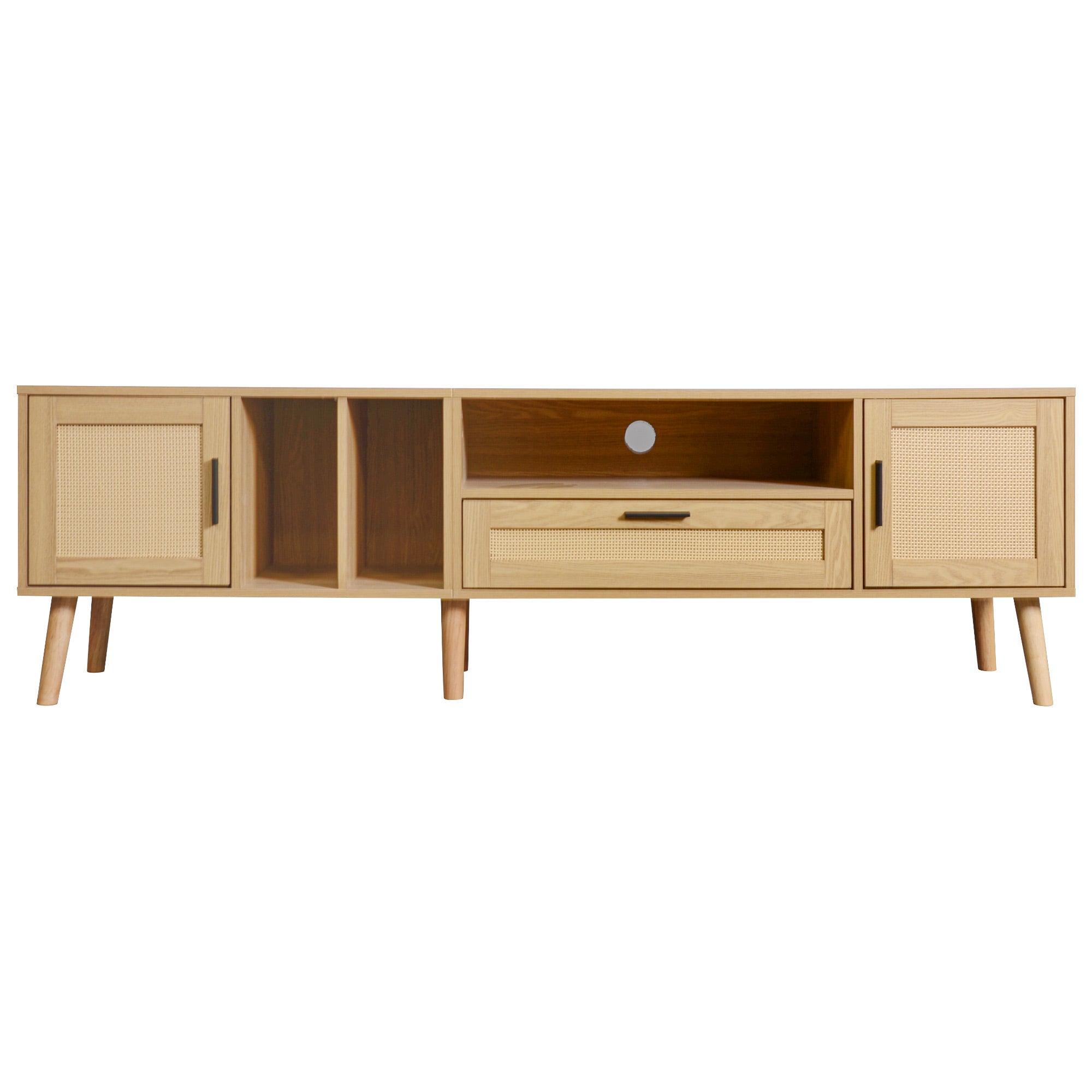 TV Cabinet, 180cm Rattan with 2 Doors & 1 Drawer, Solid Wood