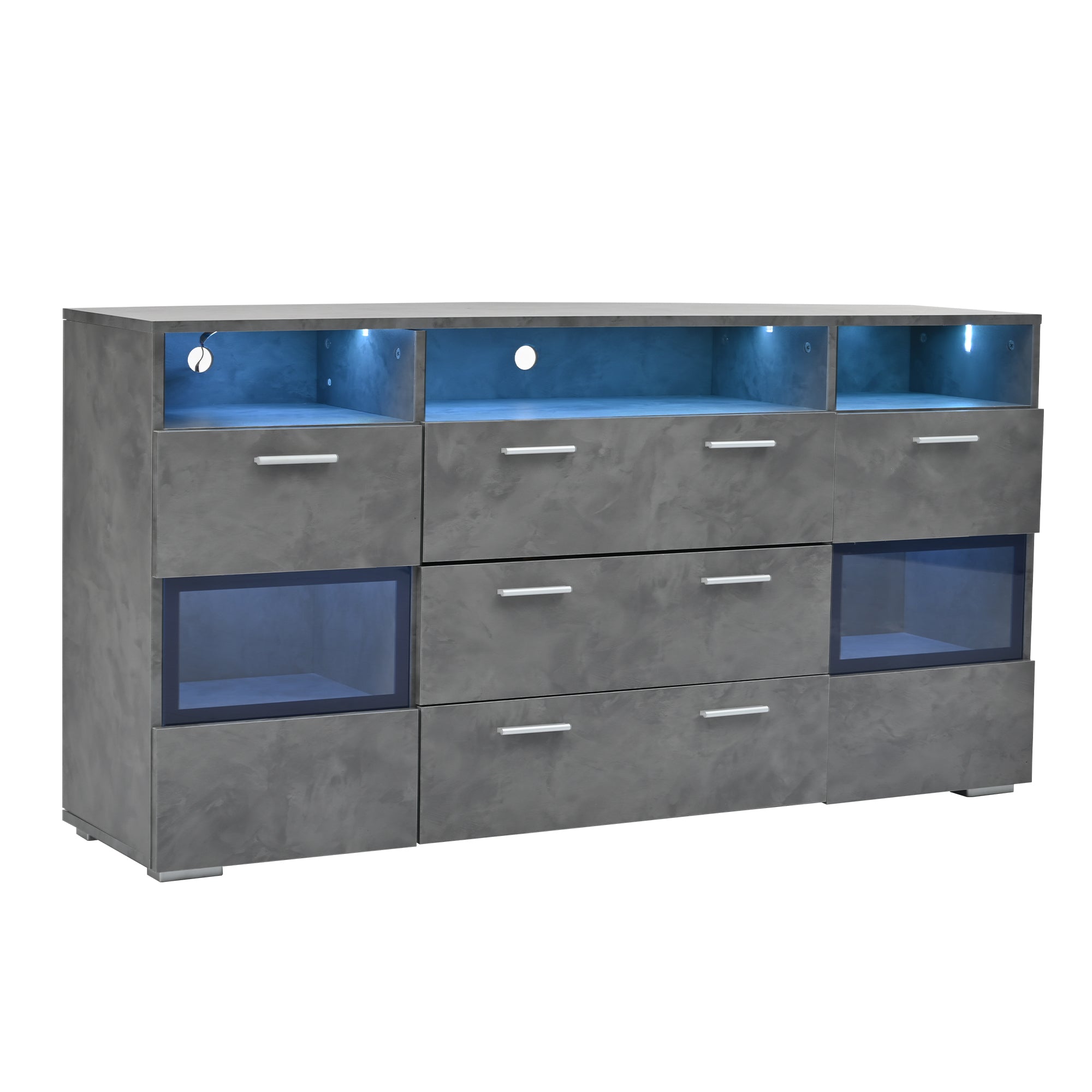 Sideboard, 140 cm LED Lighting, 2 Doors, 3 Drawers, Open Storage, Grey Acrylic