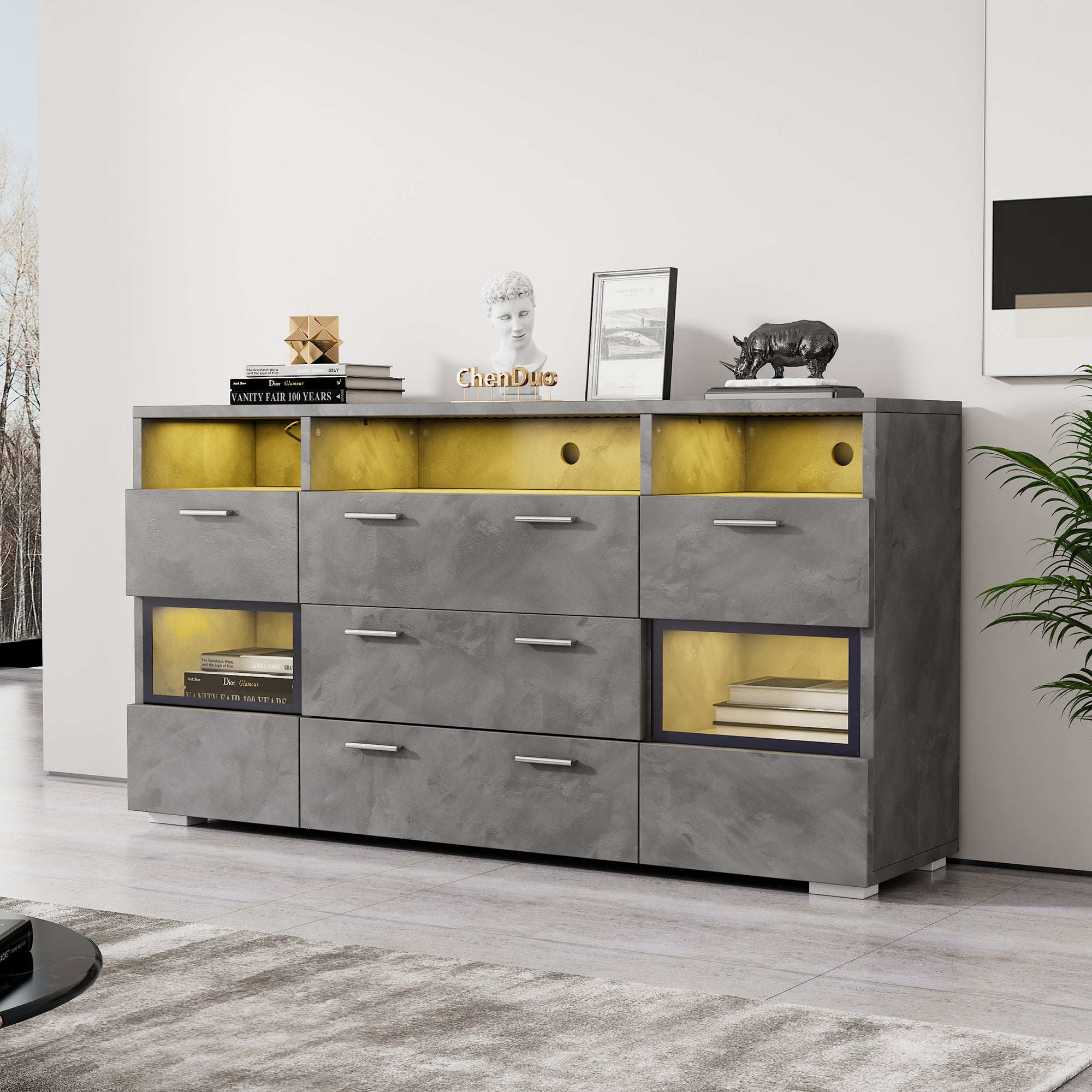 Sideboard 140cm LED 2 Doors 3 Drawers Acrylic Storage - Grey