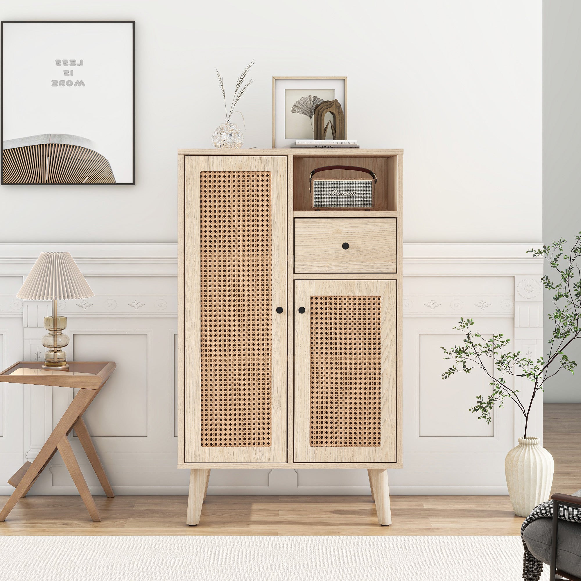 Sideboard, 2 rattan doors, 1 drawer, large storage, wood look