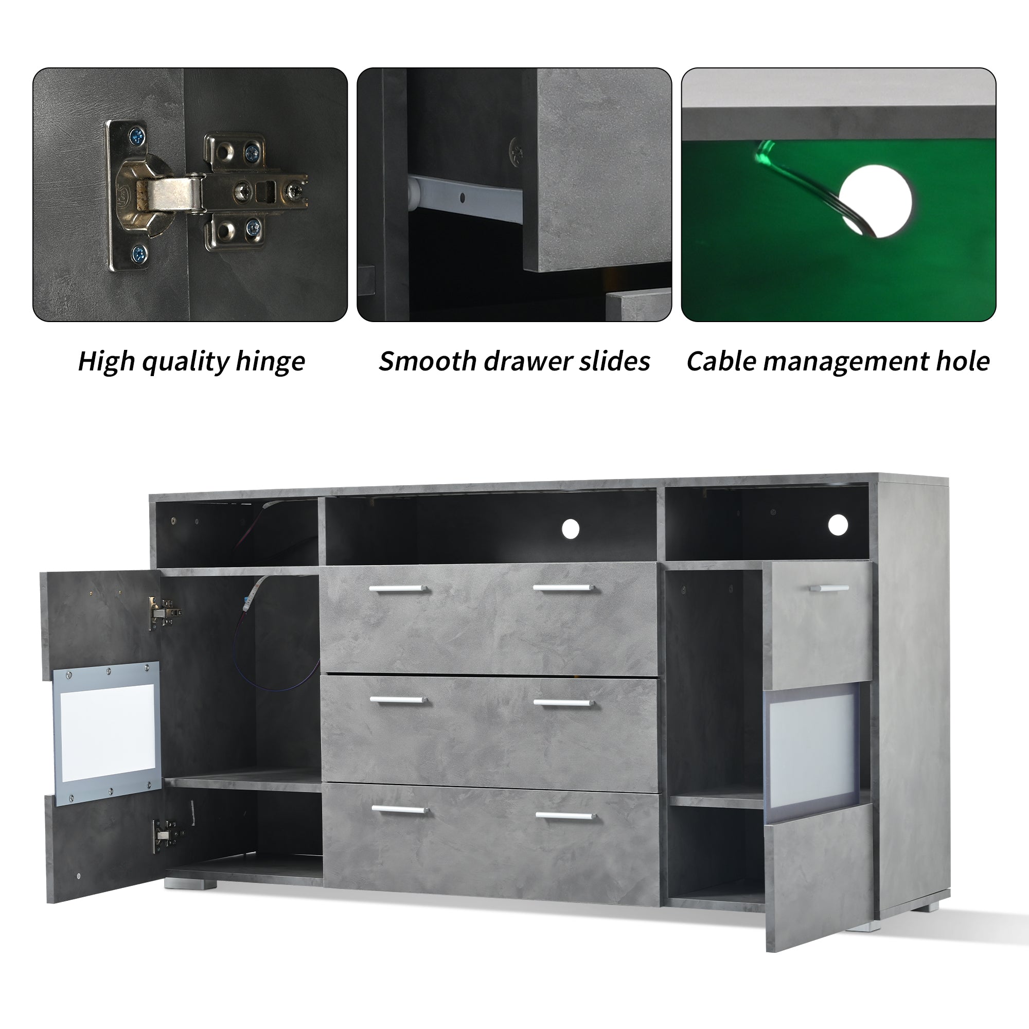 Sideboard, 140 cm LED Lighting, 2 Doors, 3 Drawers, Open Storage, Grey Acrylic